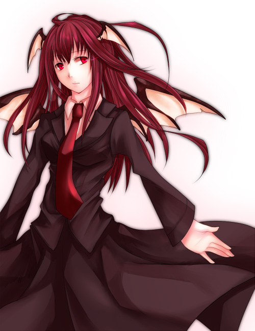 silentdin, koakuma, embodiment of scarlet devil, touhou, bad id, bad pixiv id, 1girl, female focus, gradient background, head wings, red hair, solo, standing, white background, wings