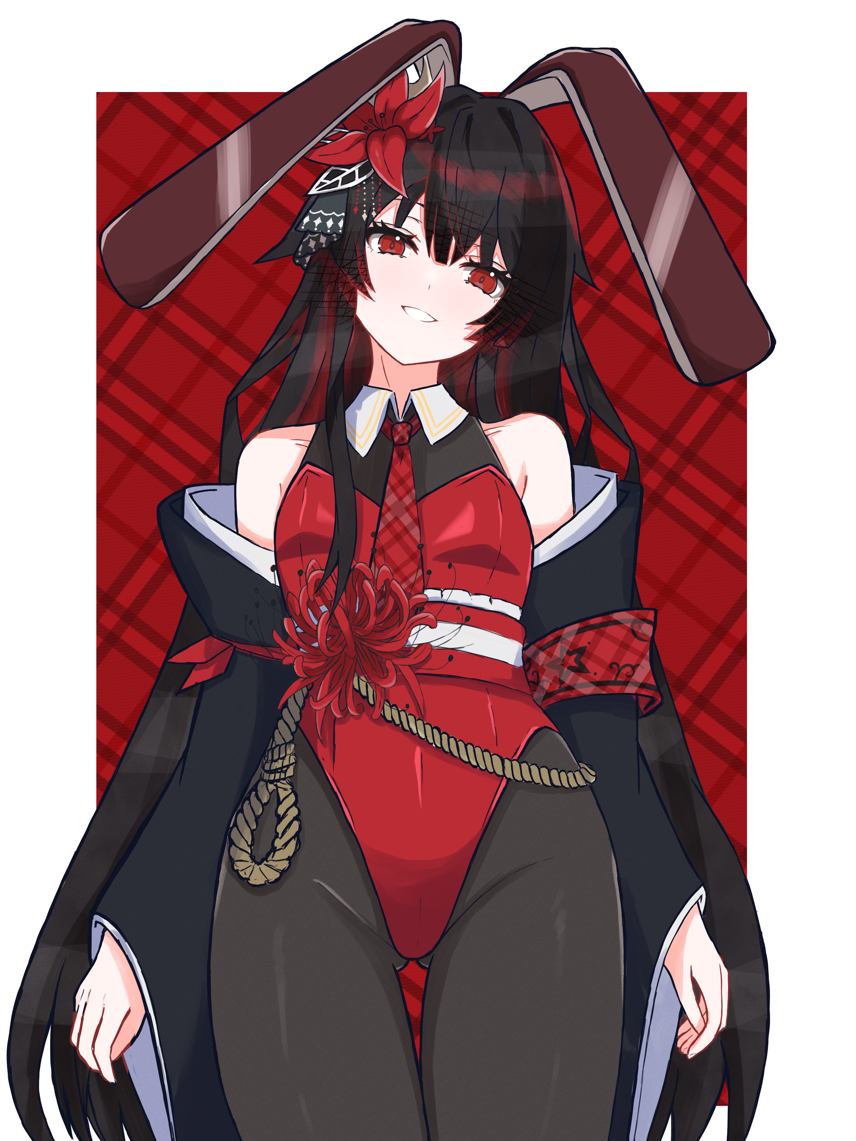 noir (noire6959), nikaido hiro, mahou shoujo no majo saiban, absurdres, commentary, highres, 1girl, animal ears, bare shoulders, black hair, black pantyhose, border, fake animal ears, flower, groin, hair flower, hair ornament, head tilt, leotard, long hair, looking at viewer, necktie, nontraditional playboy bunny, obi, outside border, pantyhose, plaid background, rabbit ears, red background, red eyes, red leotard, red necktie, sash, smile, solo, spider lily, standing, thigh gap, wa bunny, white border, wide sleeves