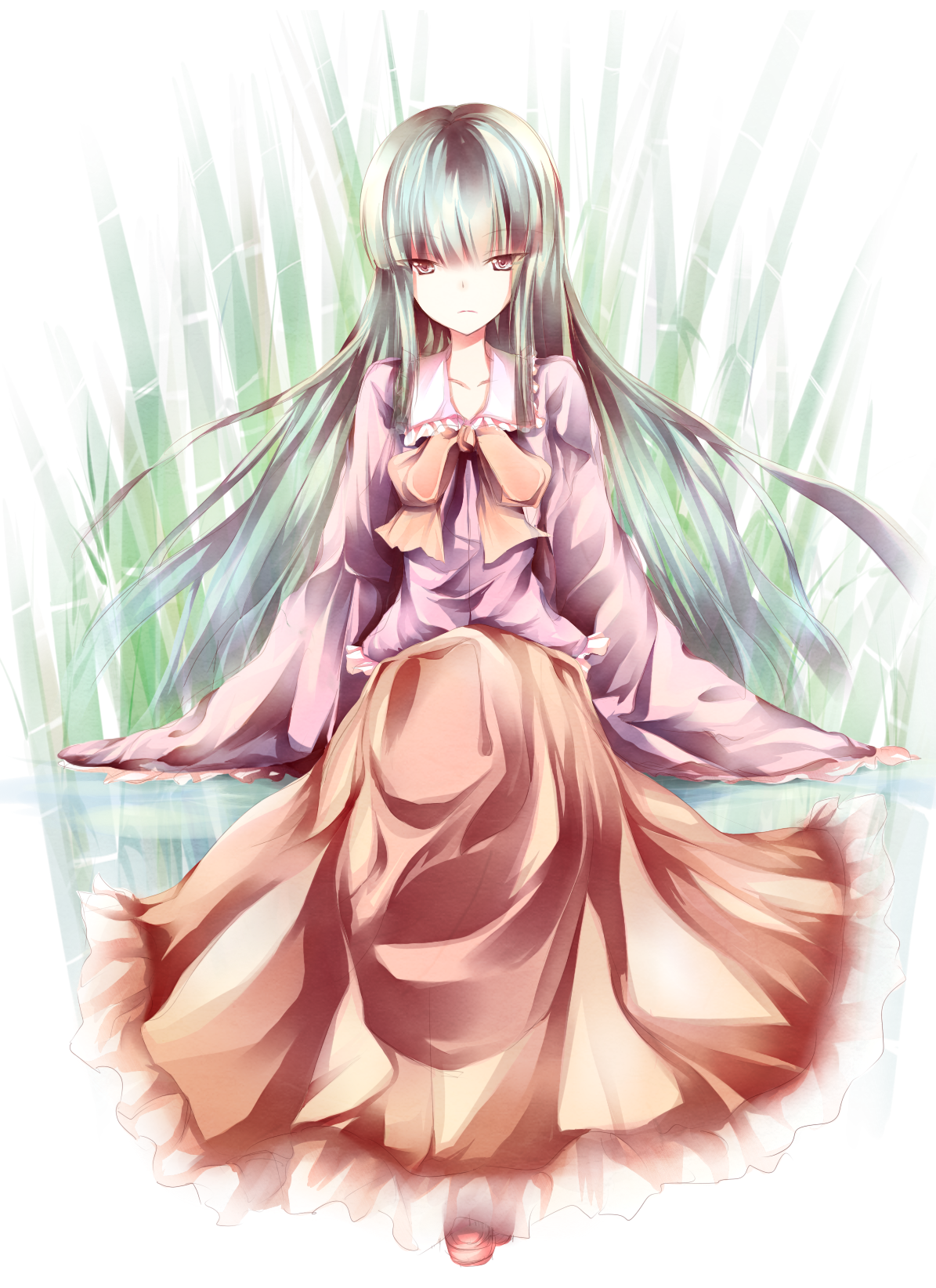 otogi kyouka, houraisan kaguya, touhou, highres, md5 mismatch, 1girl, bamboo, bamboo forest, black hair, female focus, forest, long hair, looking at viewer, nature, red eyes, sitting, solo, very long hair