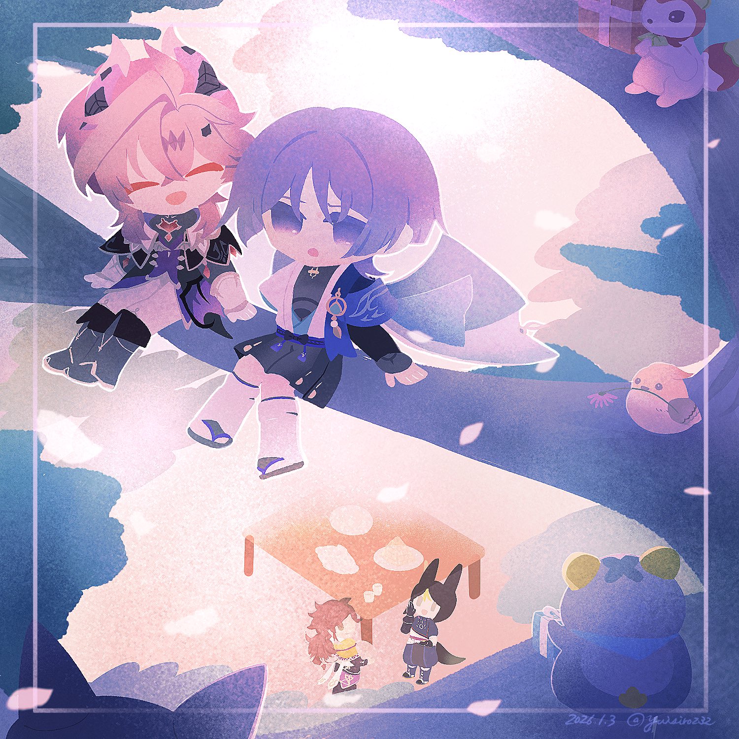 durin (genshin impact), scaramouche (genshin impact), sethos (genshin impact), tighnari (genshin impact), wanderer (genshin impact), genshin impact, commentary, highres, symbol-only commentary, 4boys, animal, bird, blue eyes, blue hair, closed eyes, dragon boy, in tree, male focus, multiple boys, open mouth, purple hair, shorts, sitting, sitting in tree, table, tree, yuishiro232