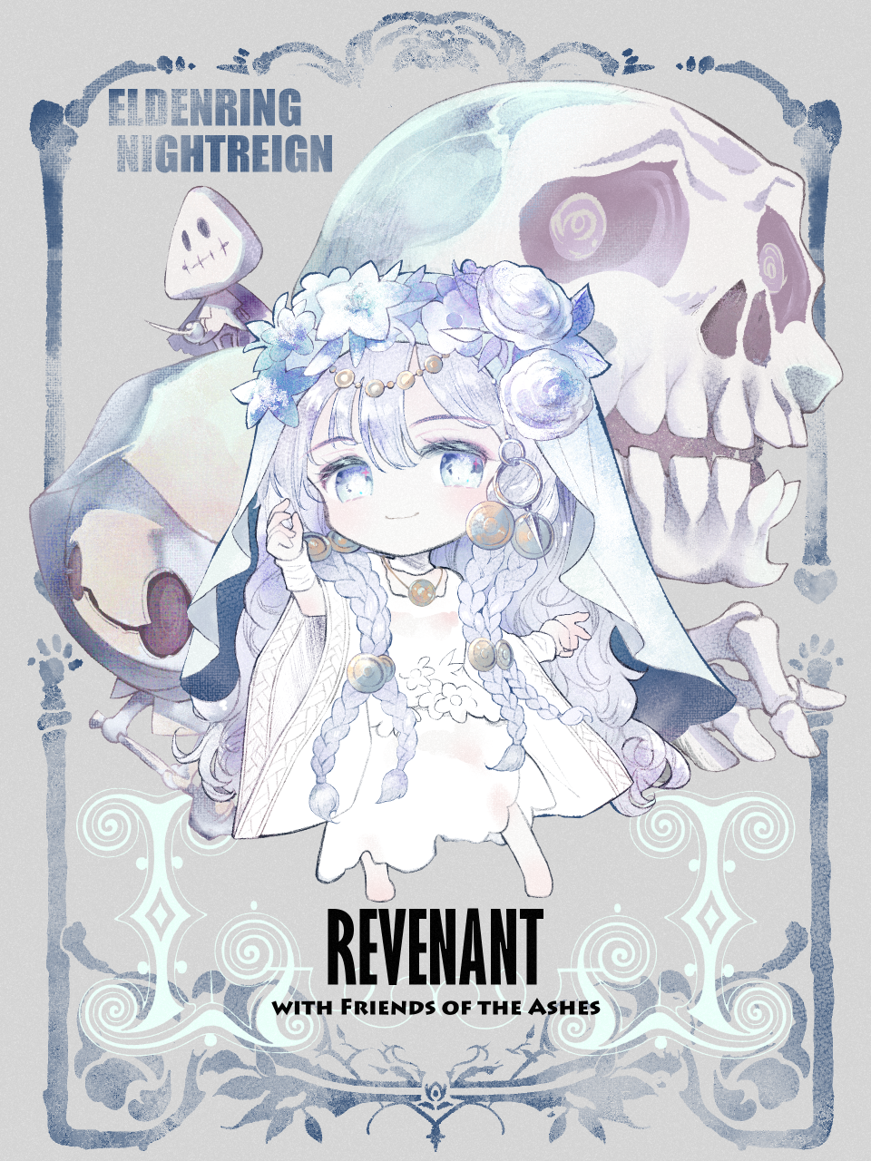 sumi keiichi, revenant (elden ring), elden ring, elden ring nightreign, character request, commentary request, highres, 1girl, barefoot, blue eyes, braid, chibi, creature, dress, flower, full body, grey hair, hair flower, hair ornament, long hair, skeleton, smile, veil, white dress