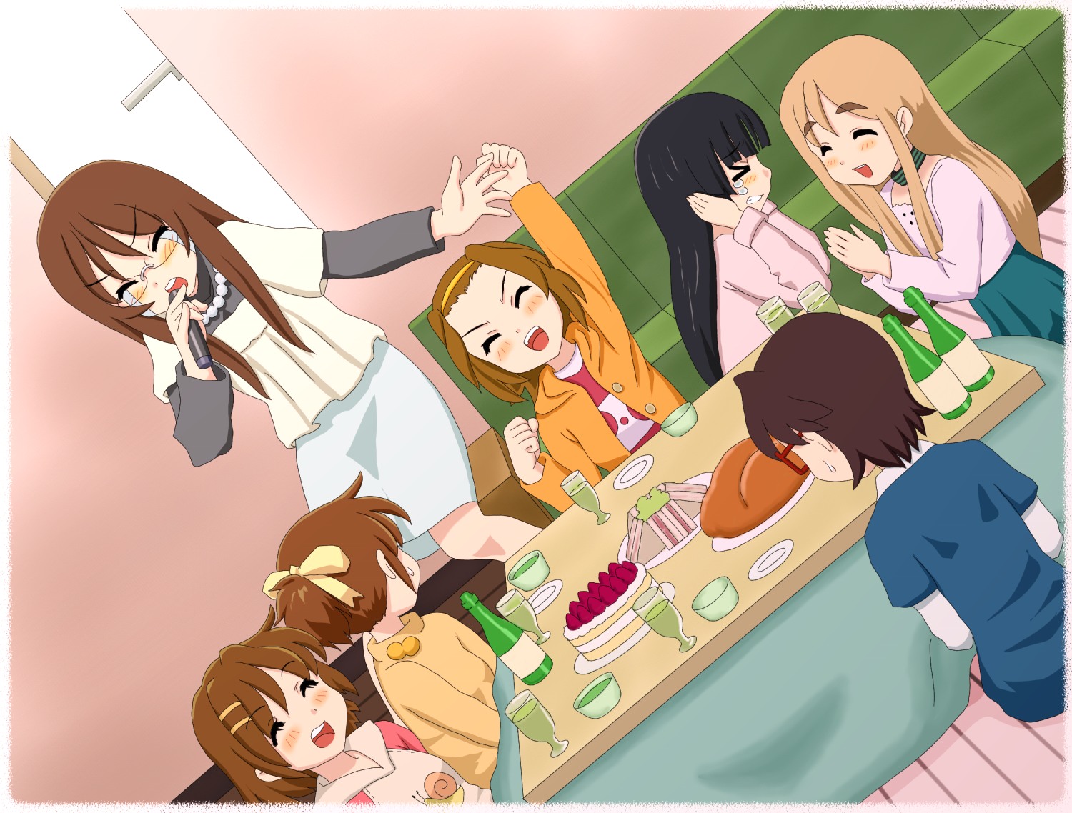 chunpai, akiyama mio, hirasawa ui, hirasawa yui, kotobuki tsumugi, manabe nodoka, tainaka ritsu, yamanaka sawako, k-on!, 00s, 6+girls, back, blush, bottle, brown hair, cake, clenched teeth, closed eyes, covering own ears, dutch angle, food, ho-kago tea time, kotatsu, microphone, multiple girls, music, no legwear, open mouth, pastry, plate, ribbon, round teeth, sandwich, short hair, singing, sitting, strawberry shortcake, table, tears, teeth