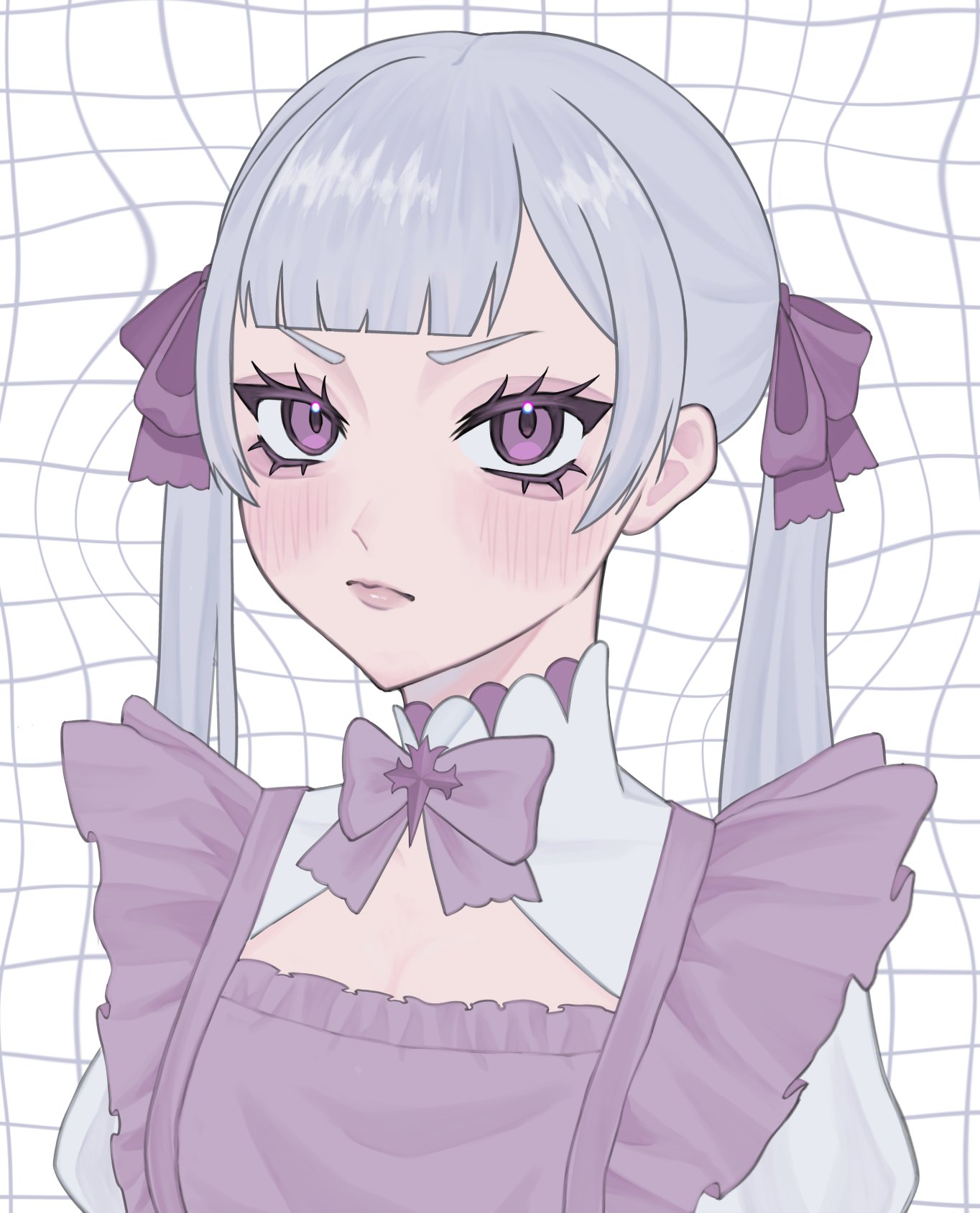 noelle silva, black clover, commentary request, highres, 1girl, adapted costume, alternate costume, apron, blush, bow, enmaided, frilled apron, frills, frown, grey hair, hair ribbon, long hair, looking at viewer, maid, makeup, purple apron, purple bow, purple eyes, purple ribbon, ribbon, solo, twintails, upper body, v-shaped eyebrows, ya mada 22