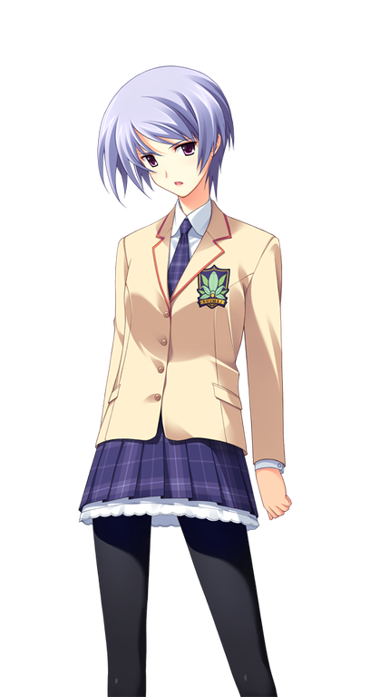 matsuo yukihiro, kishimoto ayase, chaos;head, science adventure, shiny eyes, game cg, non-web source, official art, black pantyhose, blazer, blue hair, breasts, brown jacket, collared shirt, dress shirt, jacket, lapels, looking at viewer, miniskirt, necktie, notched lapels, open mouth, pantyhose, petticoat, pink eyes, plaid clothes, plaid necktie, plaid skirt, pleated skirt, purple skirt, school emblem, school uniform, shirt, short hair, skirt, small breasts, sprite, suimei academy school uniform, white shirt