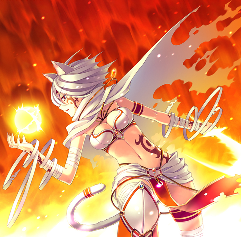 sayori (neko works), 1girl, animal ears, bandages, breasts, cat ears, cat girl, cat tail, cleavage, female focus, fire, midriff, short hair, solo, tail, tattoo, white hair