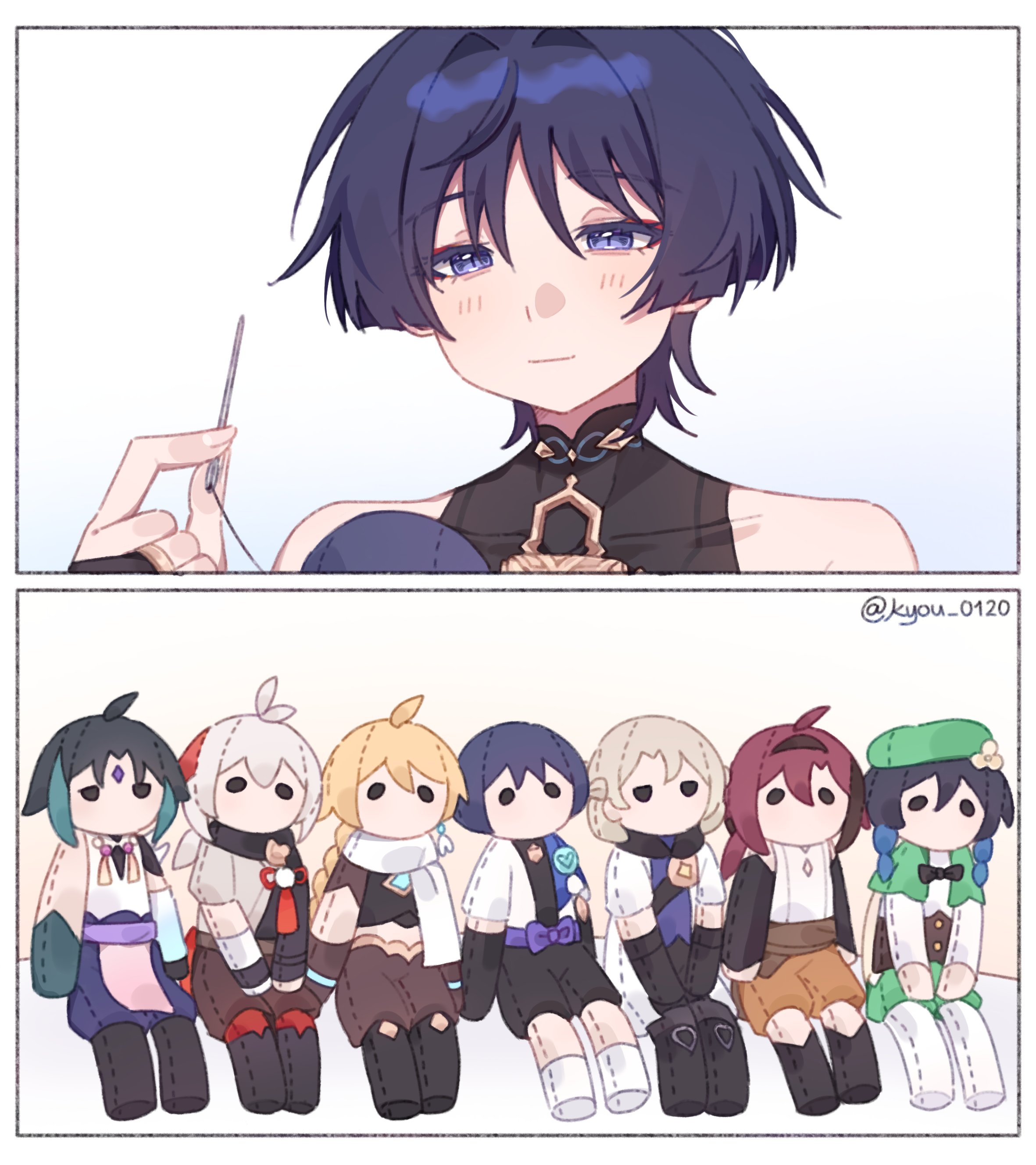 kyou 0120, aether (genshin impact), albedo (genshin impact), kaedehara kazuha, shikanoin heizou, venti (genshin impact), wanderer (ragnarok online), xiao (genshin impact), genshin impact, absurdres, commentary, english commentary, highres, 1boy, blue eyes, blue hair, closed mouth, collarbone, holding, holding needle, light blush, male focus, needle, puppet, sewing needle, smile, solo, split screen, thread, watermark, white background