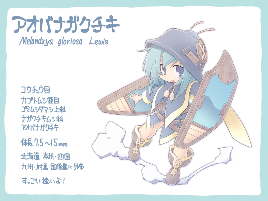 nekoguruma, original, pixiv insects, character request, translation request, 1girl, blue eyes, blue hair, female focus, helmet, matching hair/eyes, personification, solo