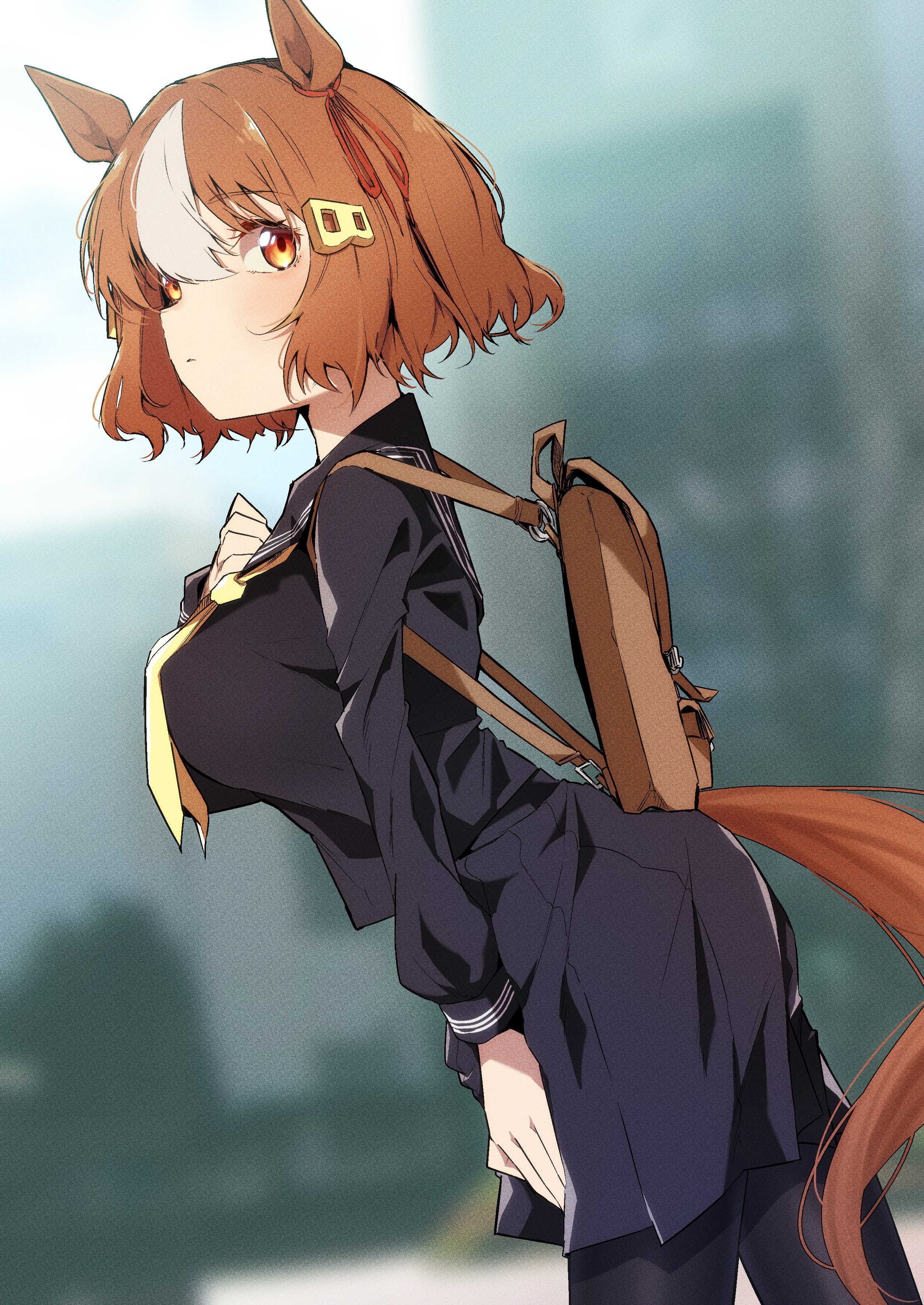gorioshi0802, belno light (umamusume), umamusume, umamusume: cinderella gray, absurdres, highres, 1girl, animal ears, backpack, bag, black pantyhose, black sailor collar, black serafuku, black shirt, black skirt, blurry, blurry background, blush, bow, breasts, brown hair, closed mouth, ear ribbon, hair ornament, horse ears, horse girl, horse tail, large breasts, letter hair ornament, long sleeves, multicolored hair, neckerchief, pantyhose, sailor collar, school uniform, serafuku, shirt, short hair, skirt, tail, two-tone hair, white hair, yellow neckerchief