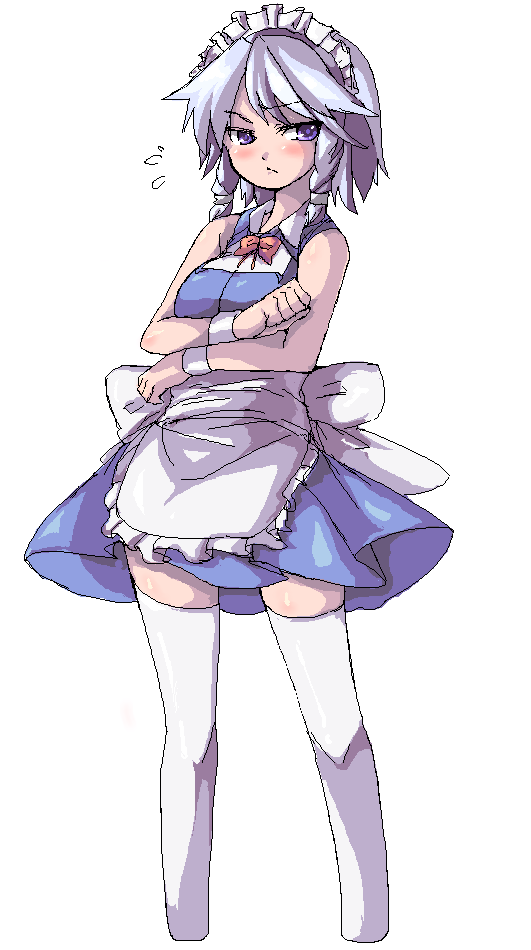 saiste, izayoi sakuya, touhou, 1girl, female focus, hairband, maid, oekaki, short hair, simple background, solo, thighhighs, white background