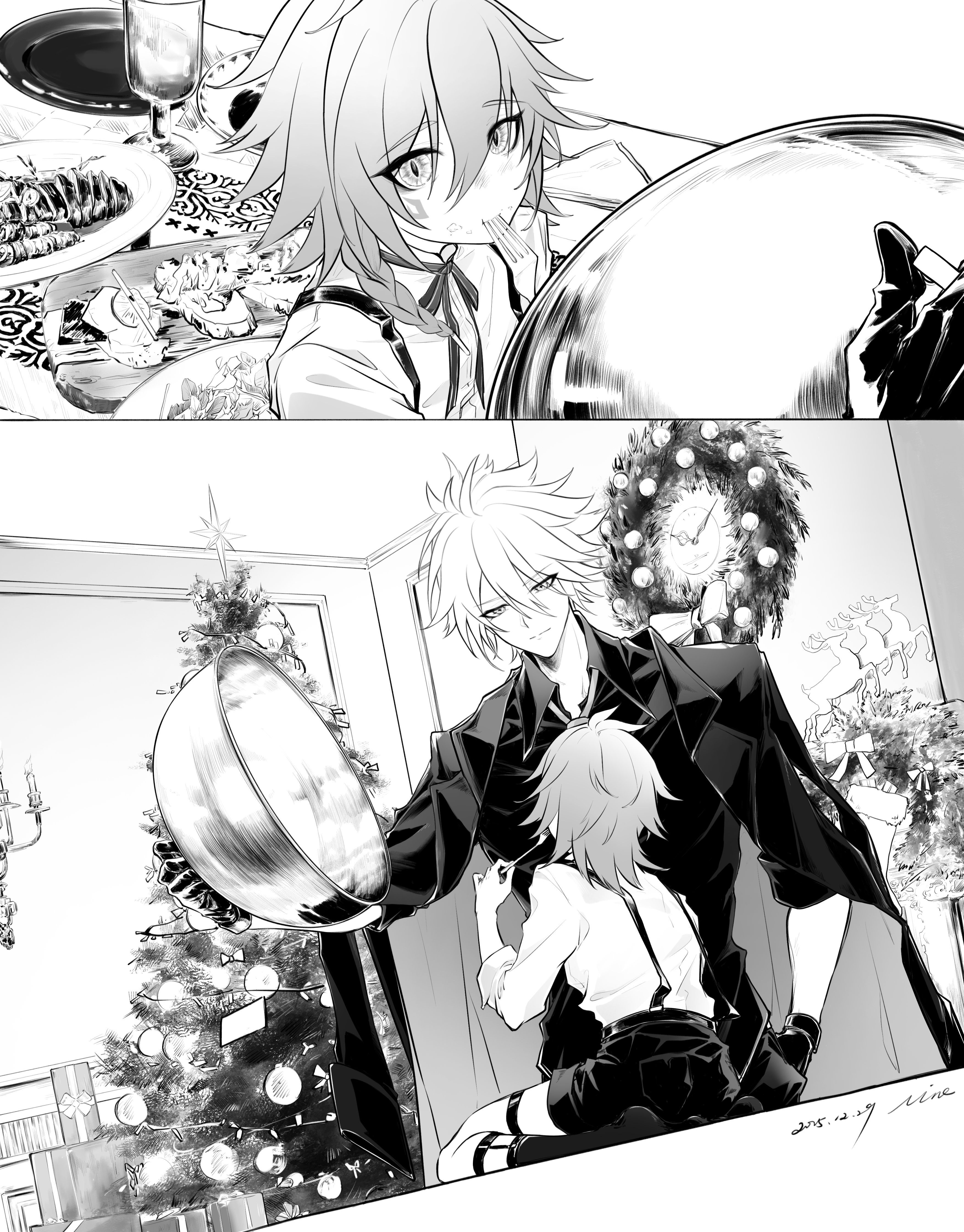 mydei (honkai: star rail), phainon (honkai: star rail), phainon (khaslana) (honkai: star rail), honkai: star rail, honkai (series), absurdres, commentary, highres, 2boys, black shirt, black shorts, braid, christmas, christmas tree, christmas wreath, collared shirt, facial tattoo, fork, greyscale, holding, holding fork, kylesaroyan2, male focus, medium hair, monochrome, multiple boys, shirt, short hair, shorts, side braid, spiked hair, suspender shorts, suspenders, tattoo, white shirt, wreath