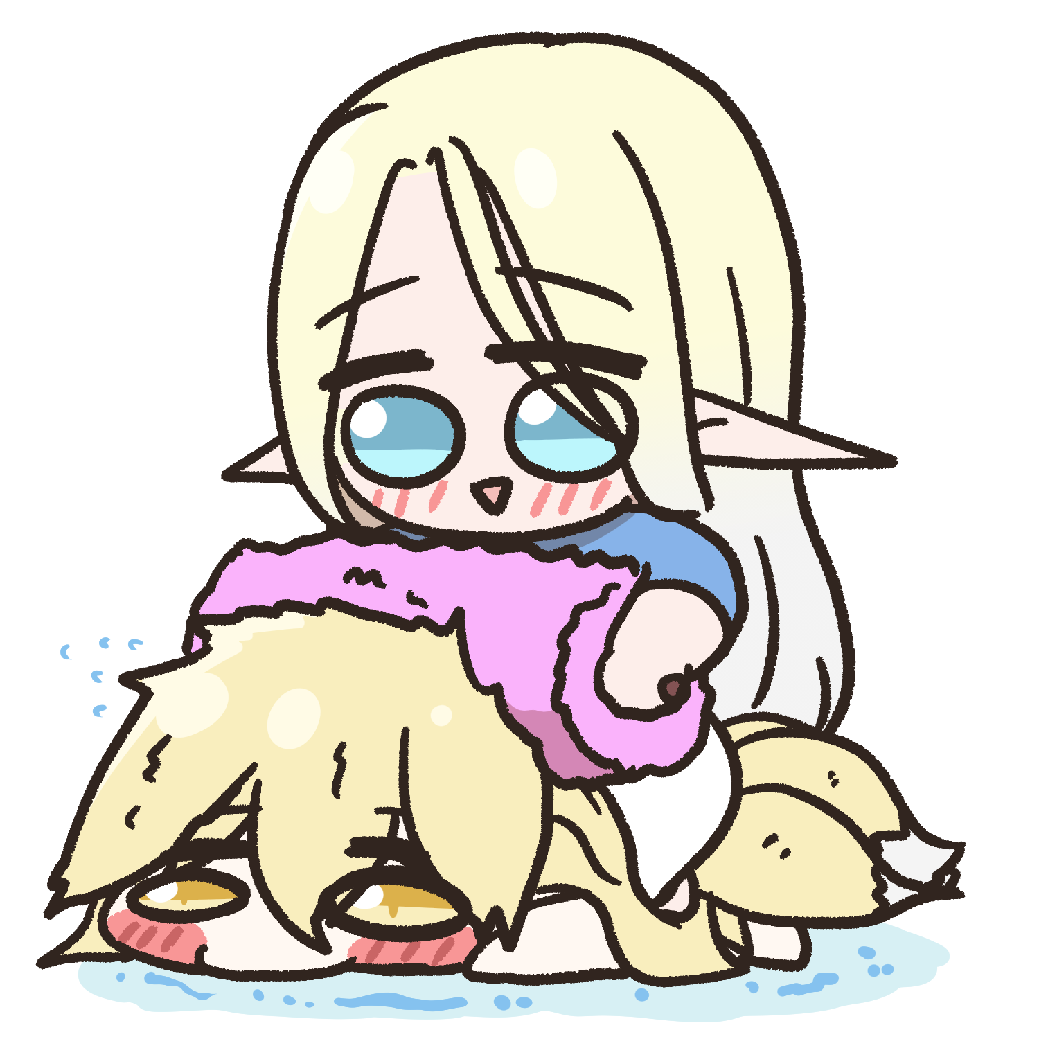 cerestia of life, clooliss, hirume of heavenly incense, last origin, commentary request, highres, korean commentary, 2girls, animal ears, blonde hair, blue eyes, blush stickers, chibi, chibi only, elf, fox ears, fox girl, fox tail, long hair, lying, multiple girls, multiple tails, on stomach, pointy ears, shirt, simple background, sitting, sitting on person, skirt, tail, towel, triangle mouth, very long hair, wet, yellow eyes