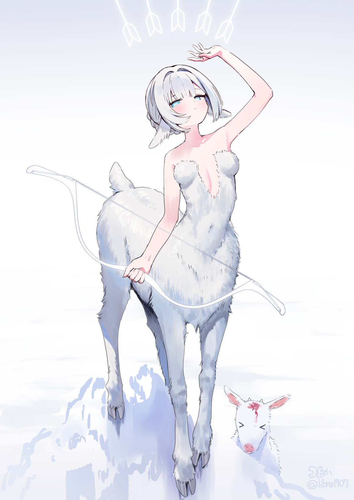 zenshin, original, commentary request, highres, > <, 1girl, animal, animal ears, arm up, artist name, baby animal, bow (weapon), breasts, centaur, gradient background, holding, holding bow (weapon), holding weapon, lamb, sheep, sheep ears, sheep girl, sheep tail, short hair, solo, tail, taur, weapon, white fur, white hair