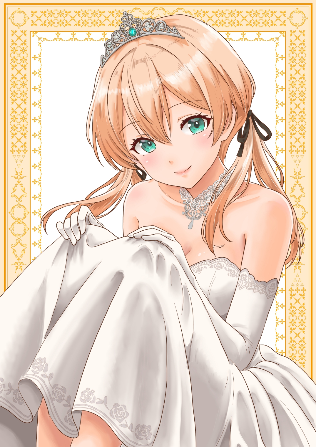 mikeneko 2828, prinz eugen (kancolle), kantai collection, commentary request, highres, 1girl, alternate costume, blonde hair, breasts, bride, dress, elbow gloves, gloves, green eyes, hair between eyes, jewelry, large breasts, long hair, looking at viewer, low twintails, necklace, sitting, smile, solo, strapless, strapless dress, tiara, twintails, white dress, white gloves