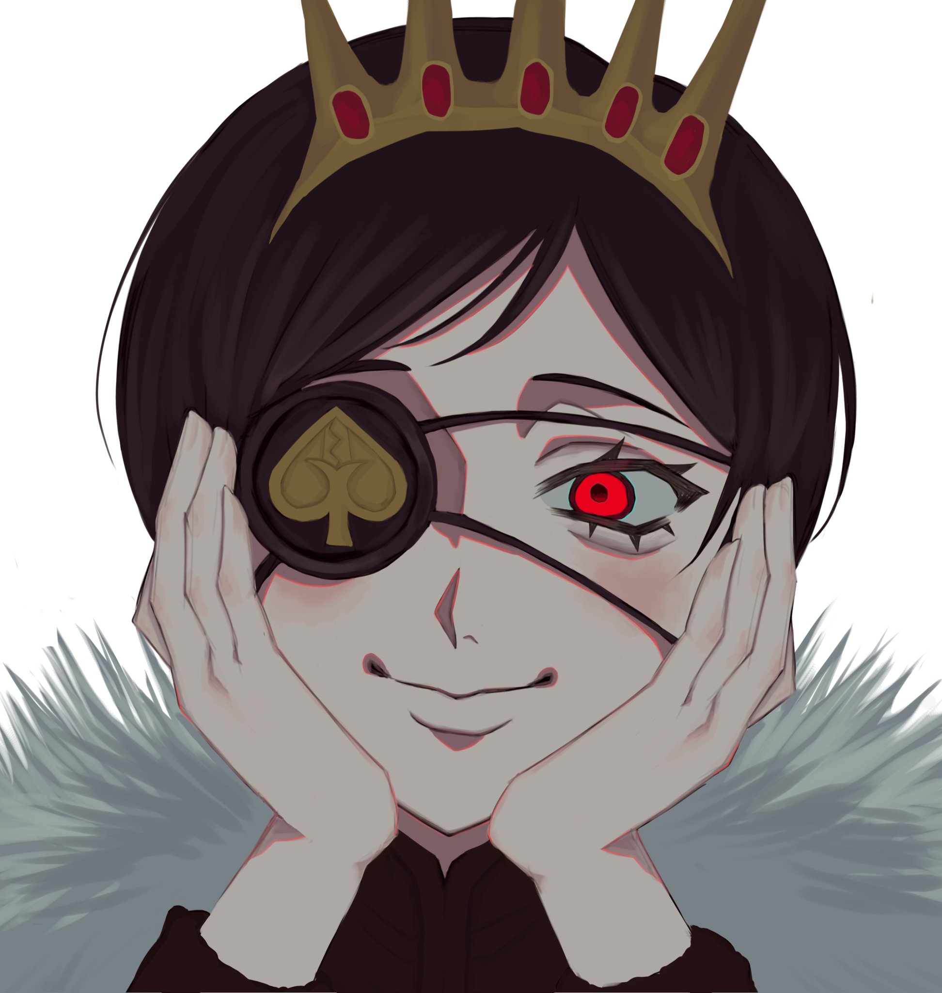 vanica zogratis, black clover, highres, 1girl, arched crown, black hair, blush, crown, eyepatch, fur-trimmed collar, fur trim, gold crown, hands on own cheeks, hands on own face, looking at viewer, portrait, red eyes, short hair, smile, solo, spade (shape), ya mada 22, yandere trance
