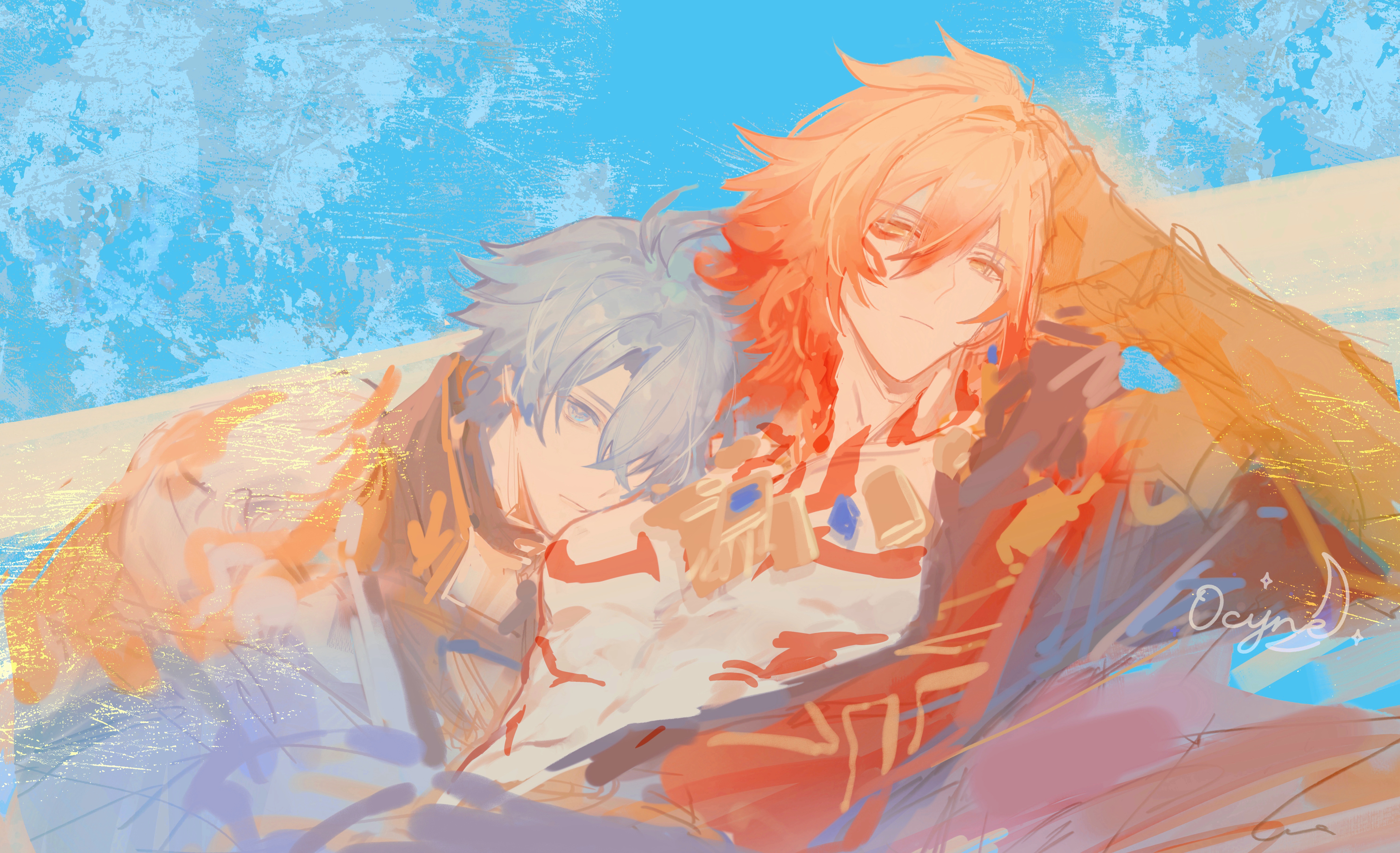 yuqiu777, mydei (honkai: star rail), phainon (honkai: star rail), honkai: star rail, honkai (series), absurdres, chinese commentary, commentary request, highres, 2boys, antenna hair, armlet, armor, black choker, black coat, black shirt, blonde hair, blue eyes, braid, chest tattoo, choker, coat, earrings, facial tattoo, gauntlets, gold earrings, gold necklace, gradient hair, jewelry, male focus, medium hair, multicolored hair, multiple boys, neck tattoo, necklace, open clothes, open coat, parted bangs, pauldrons, red hair, red tattoo, shirt, short hair, shoulder armor, side braid, single pauldron, tattoo, white coat, white hair, yaoi, yellow eyes