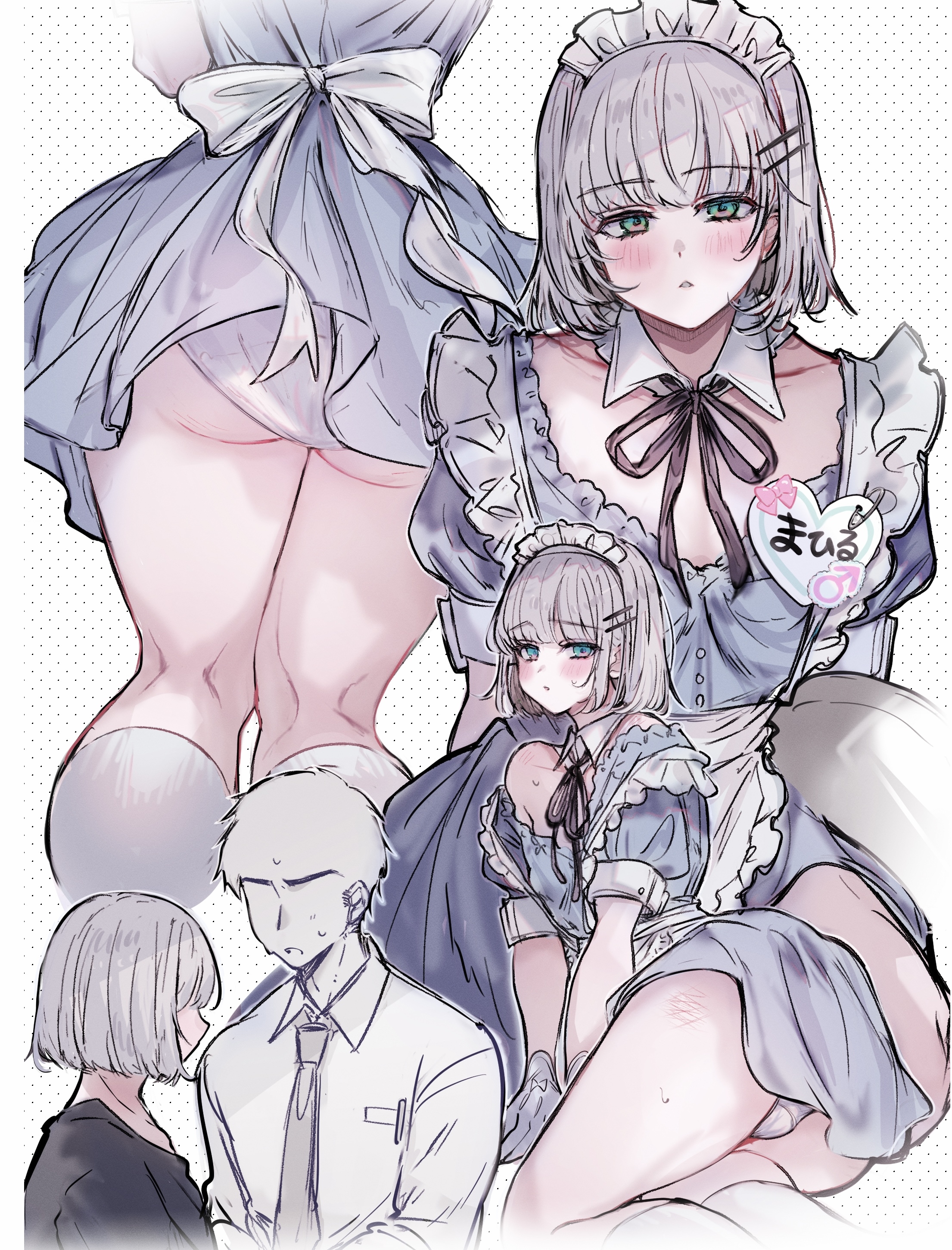 imamiya pinoko, hirakawa mahiru (imamiya pinoko), original, absurdres, bad source, highres, 2boys, ass, bob cut, crossdressing, crossdressing (mtf), gloves, green eyes, maid, maid headdress, male focus, male maid, multiple boys, panties, short hair, simple background, trap, underwear, white gloves, white hair, white panties