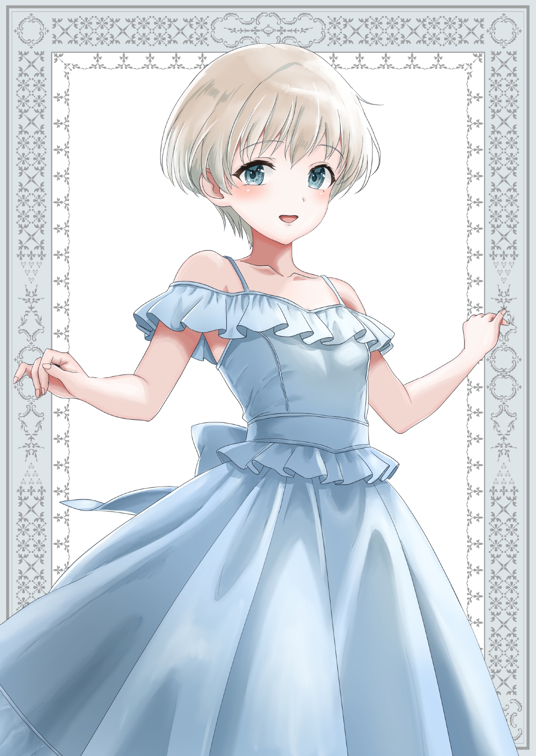 bonta (0607), z1 leberecht maass (kancolle), kantai collection, commentary request, highres, 1girl, alternate costume, blonde hair, blue dress, blue eyes, breasts, dress, looking at viewer, open mouth, short hair, small breasts, smile, solo