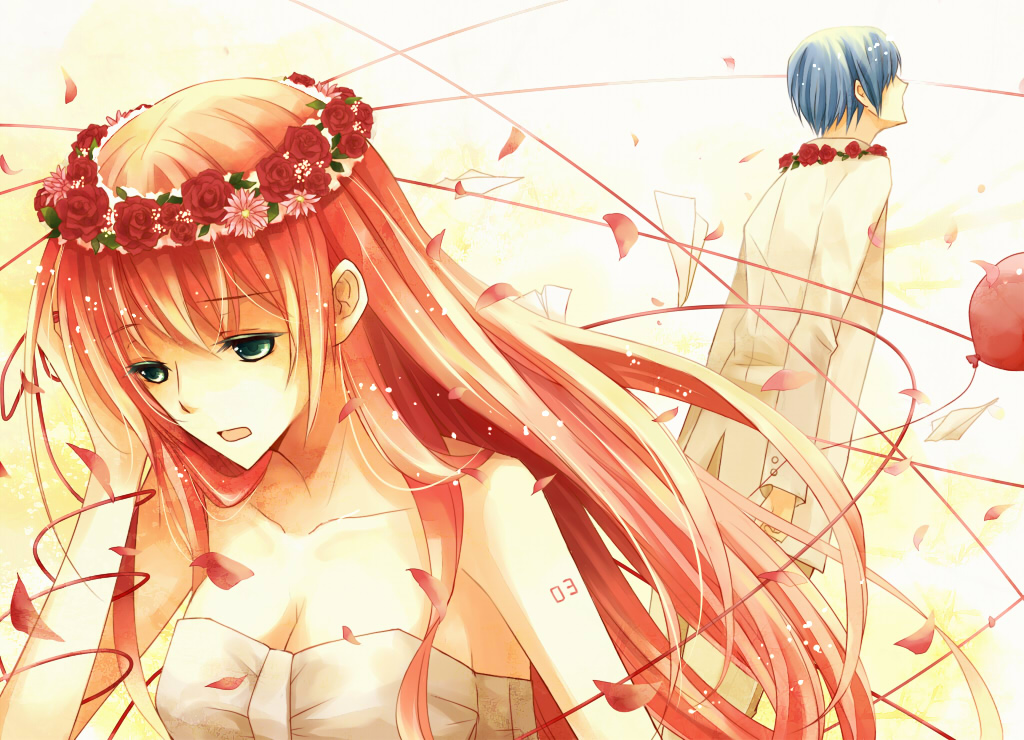 ria (pixiv251058), kaito (vocaloid), megurine luka, just be friends (vocaloid), vocaloid, bad id, bad pixiv id, 1boy, 1girl, aqua eyes, blue hair, couple, crown, dress, flower, head wreath, hetero, jewelry, long hair, necklace, paper airplane, petals, pink hair, string, string of fate, white dress