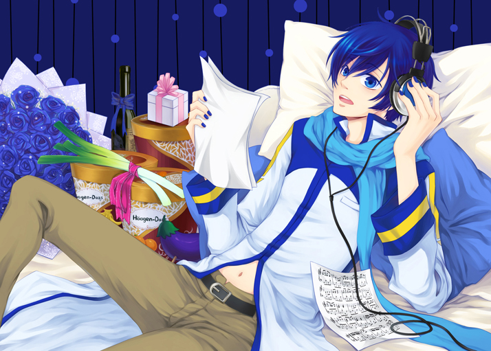 crodire, kaito (vocaloid), vocaloid, 1boy, blue eyes, blue hair, blue nails, blue rose, blue scarf, bottle, bouquet, eggplant, flower, food, headphones, ice cream, male focus, matching hair/eyes, nail polish, rose, scarf, sheet music, sitting, solo, spring onion