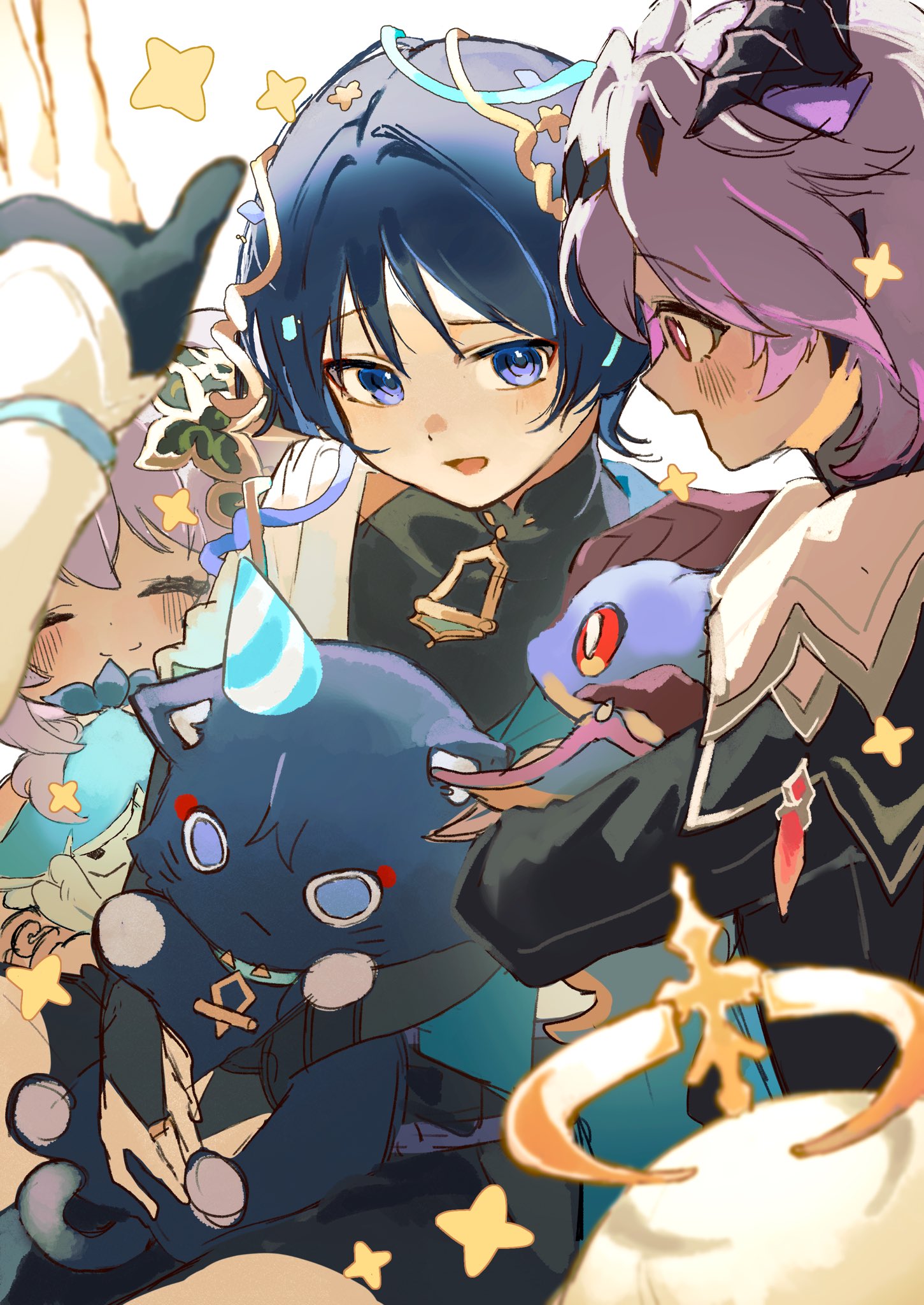 kingyo (nyankomanjyuu15), aranara (genshin impact), durin (genshin impact), lumine (genshin impact), mini durin (genshin impact), nahida (genshin impact), paimon (genshin impact), scaramouche (cat) (genshin impact), scaramouche (genshin impact), wanderer (genshin impact), genshin impact, commentary request, highres, blue eyes, blue hair, cat, closed eyes, dragon boy, dragon horns, halo, hat, horns, light blush, long sleeves, looking at another, open mouth, party hat, purple hair, smile, star (symbol), waving, white hair