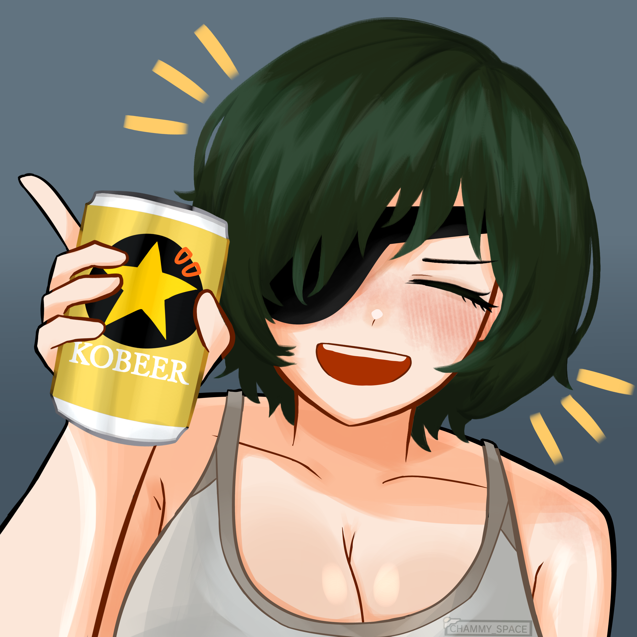 himeno (chainsaw man), chainsaw man, absurdres, highres, non-web source, tagme, alcohol, beer, beer can, blush, breasts, can, chammy space, cleavage, closed eyes, drink can, eyepatch, green hair, holding, holding can, open mouth, short hair, tank top