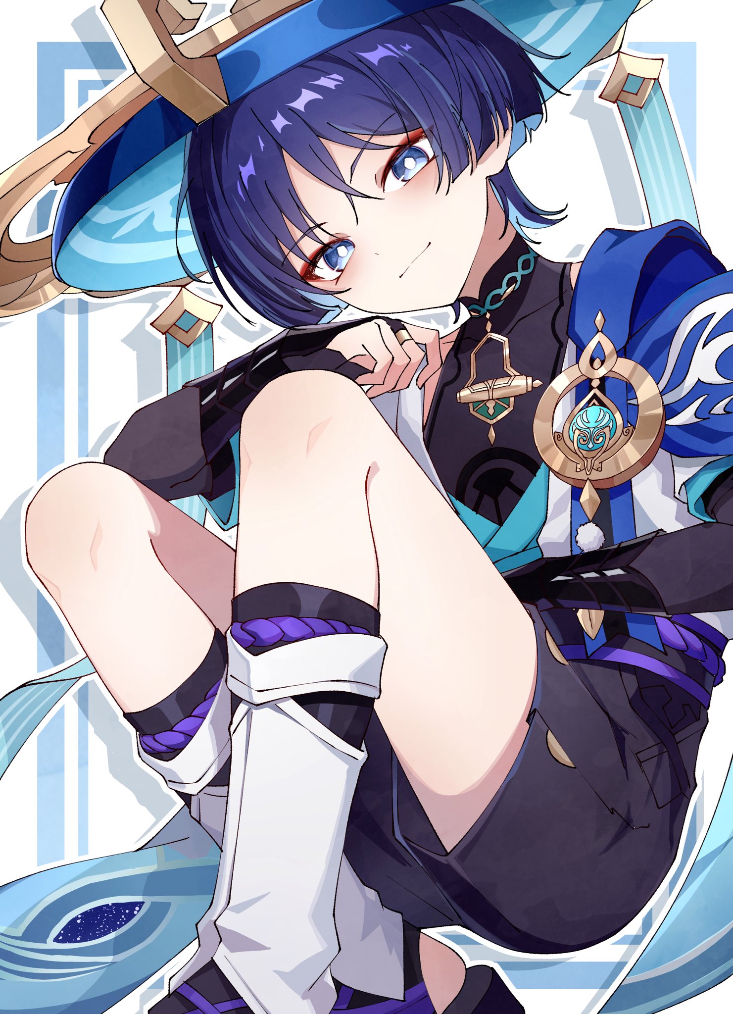 scaramouche (genshin impact), wanderer (genshin impact), genshin impact, commentary request, highres, 1boy, blue eyes, blue hair, closed mouth, hat, jewelry, kneeling, kuro774 n, looking at viewer, male focus, ring, sandals, shorts, smile, solo, vision (genshin impact)