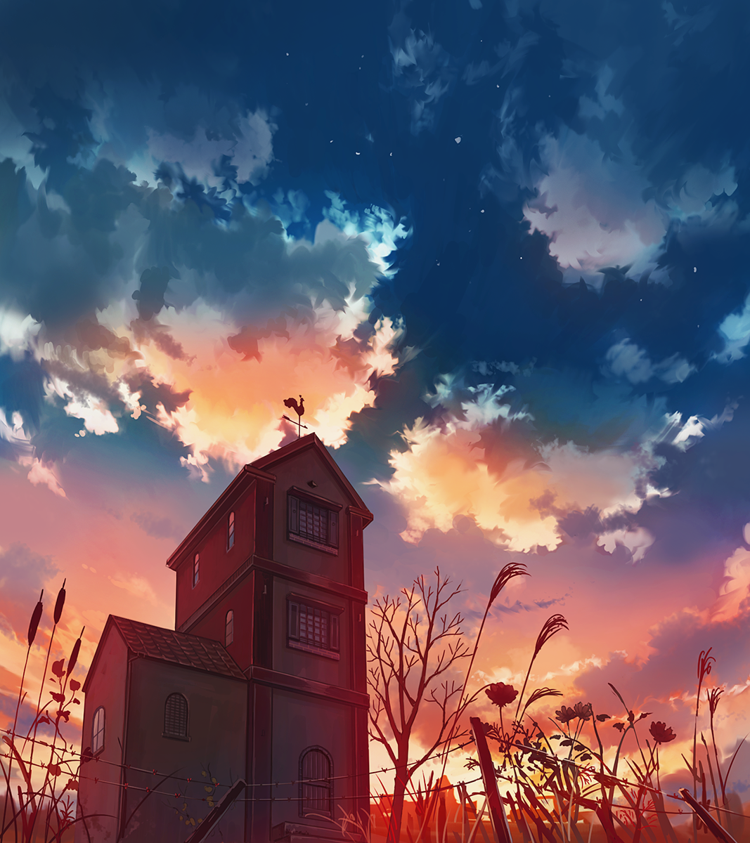 mizuasagi, original, commentary request, highres, barbed wire, bare tree, blue sky, building, cattail, church, cloud, cloudy sky, flower, gradient sky, grass, no humans, orange sky, outdoors, plant, scenery, sky, tree, twilight, weather vane, window