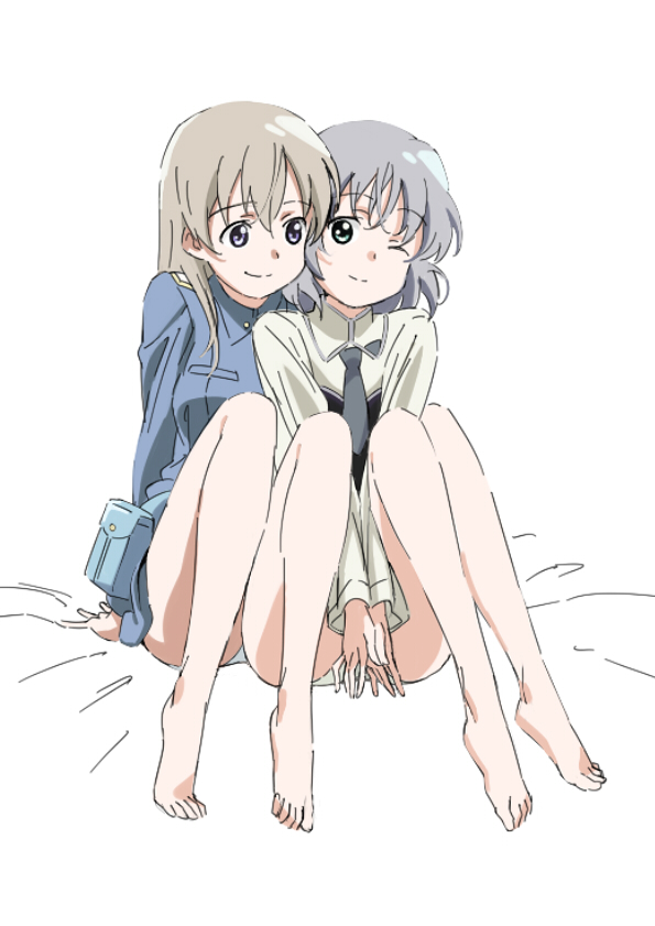 banzai nekomimi, eila ilmatar juutilainen, sanya v. litvyak, strike witches, world witches series, silver hair, bad id, bad pixiv id, 00s, 2girls, barefoot, blonde hair, blue eyes, couple, feet, green eyes, legs, multiple girls, no legwear, no pants, one eye closed, panties, sitting, sitting on lap, sitting on person, smile, underwear, wink, yuri
