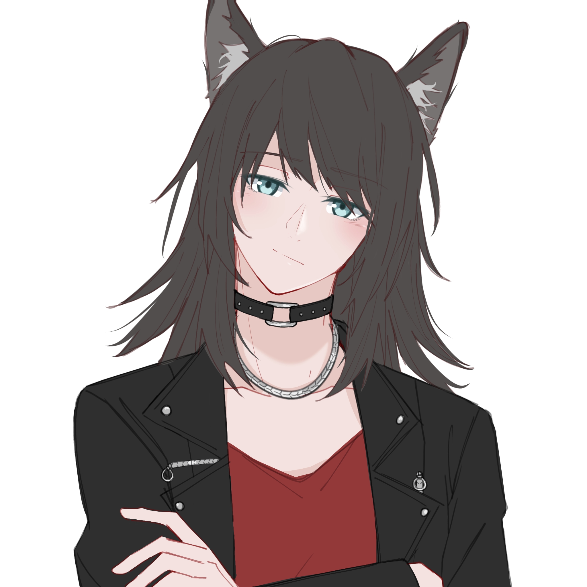 amakuma, yahata umiri, bang dream!, bang dream! it's mygo!!!!!, commentary, highres, 1girl, animal ears, black choker, black hair, black jacket, blue eyes, choker, crossed arms, jacket, jewelry, kemonomimi mode, looking at viewer, medium hair, necklace, red shirt, shirt, simple background, solo, white background, wolf ears