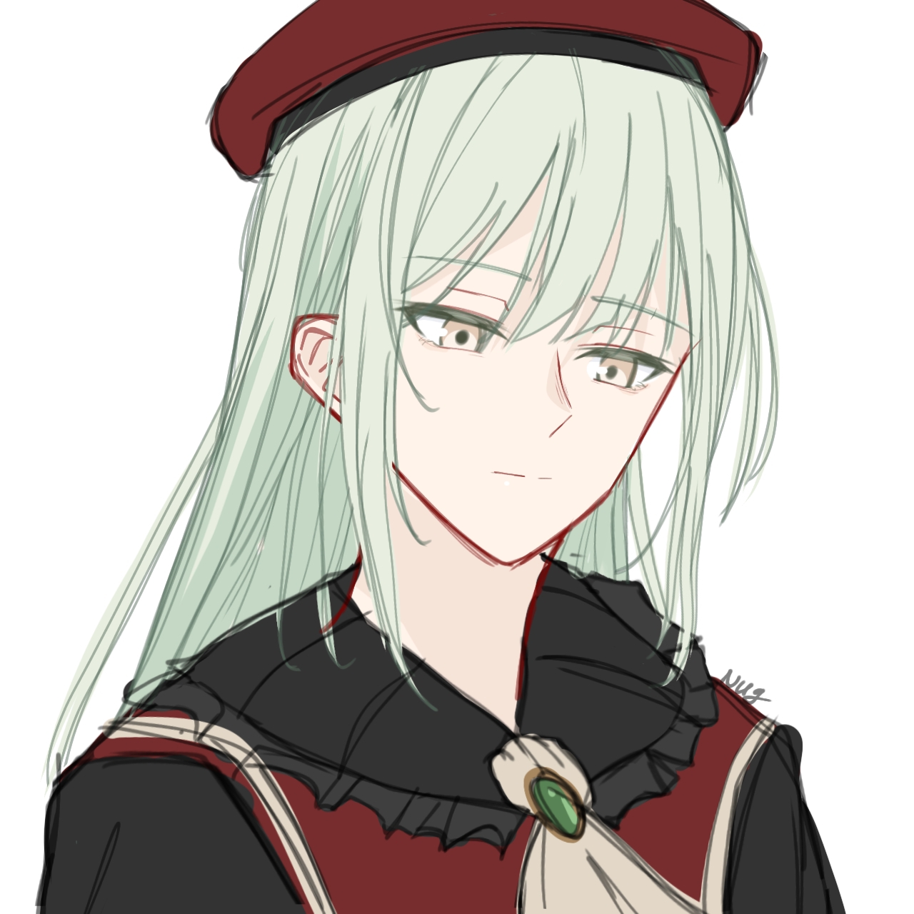 amakuma, mortis (bang dream!), mortis (costume) (bang dream!), wakaba mutsumi, bang dream!, bang dream! it's mygo!!!!!, commentary, highres, 1girl, ascot, beret, green hair, hat, long hair, red hat, simple background, solo, upper body, white ascot, white background