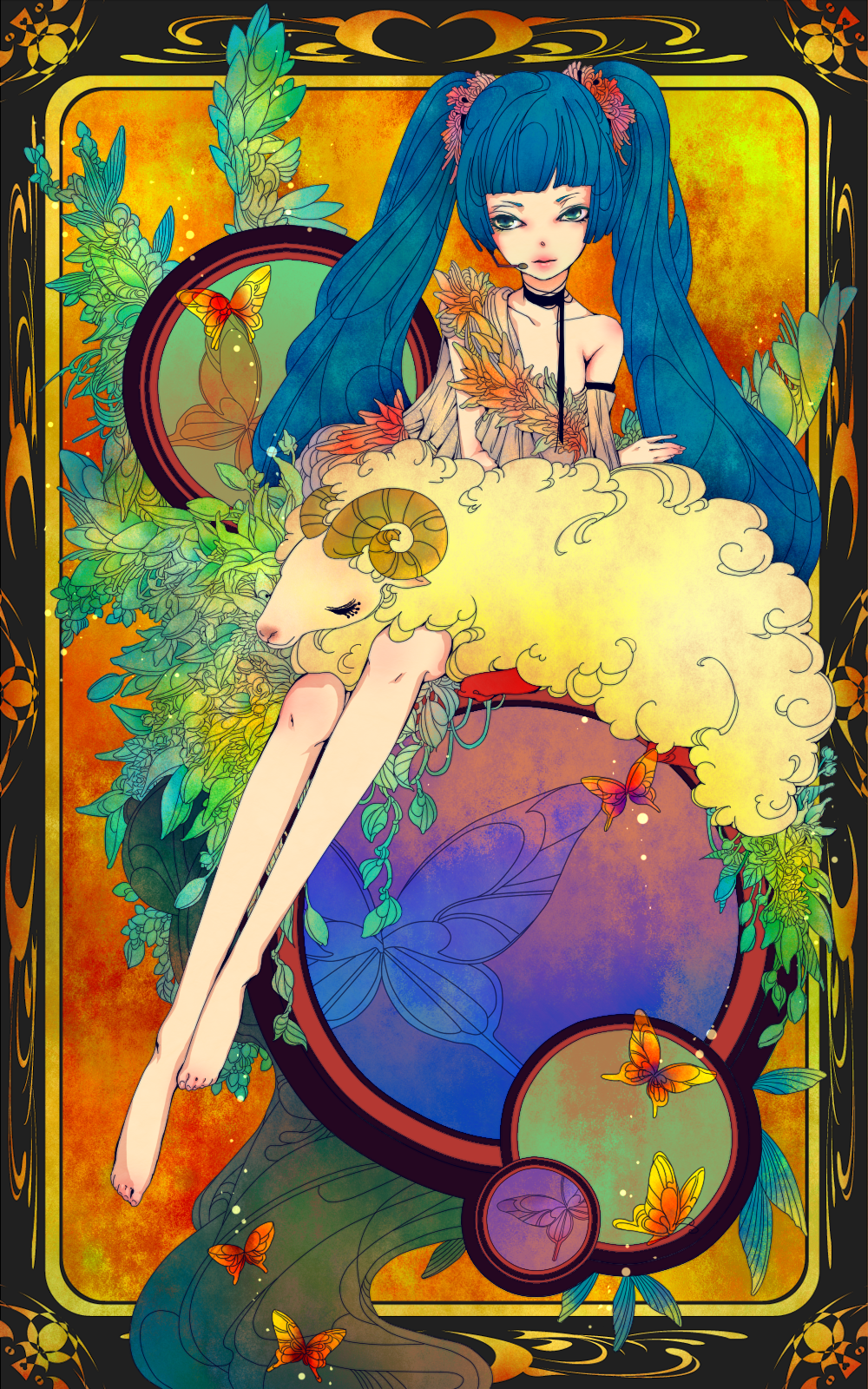 yoneru, hatsune miku, vocaloid, highres, 1girl, aqua eyes, art nouveau, barefoot, blue hair, bug, butterfly, feet, female focus, headset, legs, lips, long hair, sheep, sitting, solo, twintails, very long hair