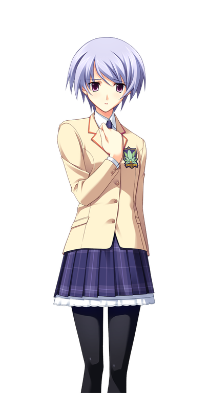 matsuo yukihiro, kishimoto ayase, chaos;head, science adventure, shiny eyes, game cg, non-web source, official art, black pantyhose, blazer, blue hair, breasts, brown jacket, collared shirt, dress shirt, hand on own chest, jacket, lapels, miniskirt, necktie, notched lapels, pantyhose, pensive, petticoat, pink eyes, plaid clothes, plaid necktie, plaid skirt, pleated skirt, purple skirt, school emblem, school uniform, shirt, short hair, skirt, small breasts, sprite, suimei academy school uniform, white shirt