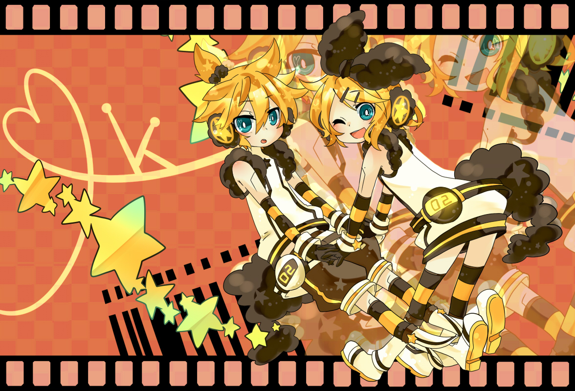 isa (suisuihoi), maple, maple (maplehy), kagamine len, kagamine rin, sf-a2 miki, vocaloid, bad id, bad pixiv id, 1boy, 1girl, aqua eyes, blonde hair, boots, cosplay, dress, gloves, hair ornament, hair ribbon, hairclip, headphones, headset, hetero, holding hands, joints, kneehighs, miki (cosplay), one eye closed, ribbon, robot joints, sf-a2 miki (cosplay), short hair, shorts, smile, socks, star (symbol), striped clothes, striped gloves, striped socks, striped thighhighs, thighhighs, wink, wrist cuffs