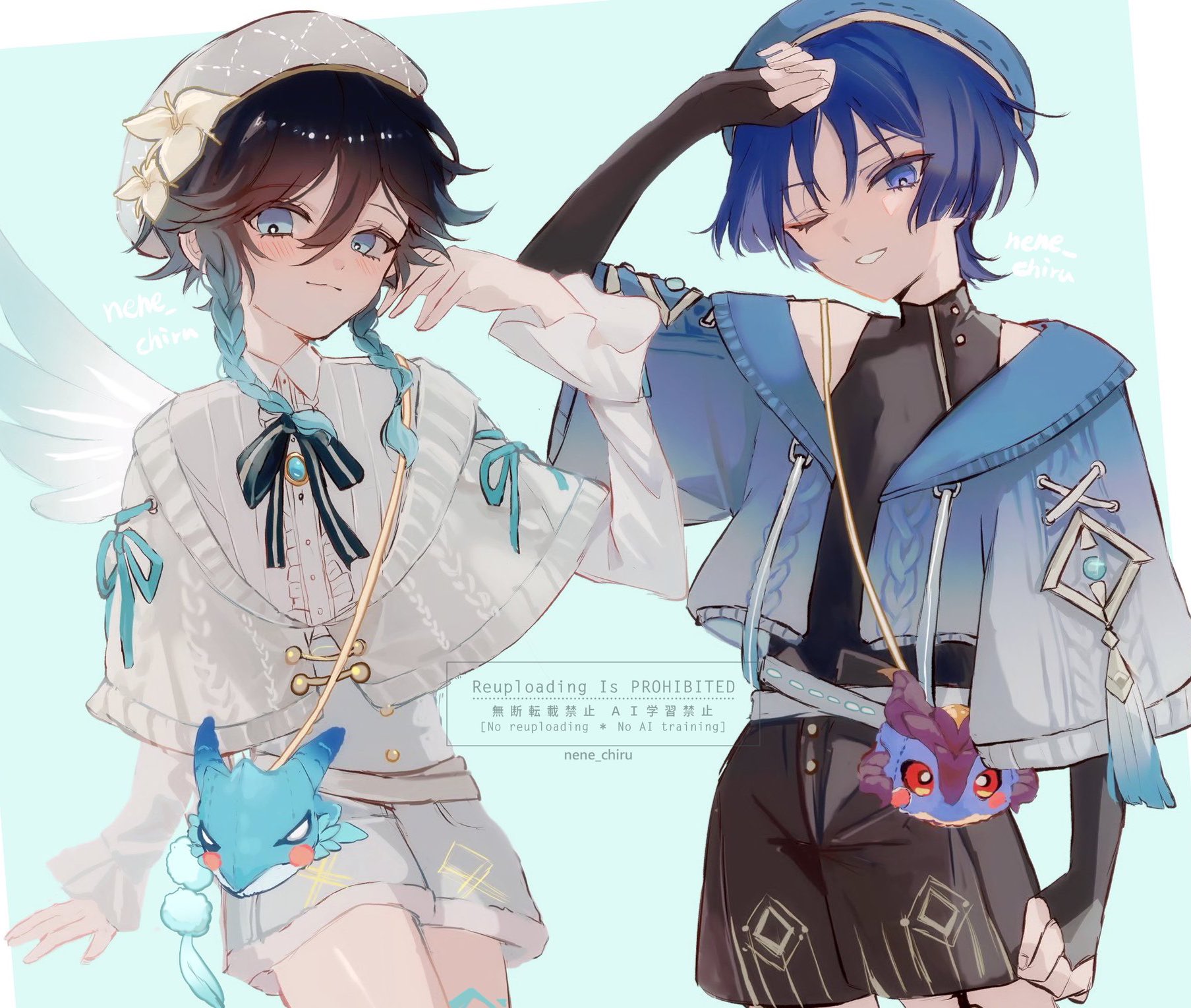 nene chiru, durin (genshin impact), dvalin (genshin impact), mini durin (genshin impact), scaramouche (genshin impact), venti (genshin impact), wanderer (genshin impact), genshin impact, commentary request, highres, 2boys, bag, bare shoulders, beret, blue eyes, blue hair, cropped jacket, flower, gradient hair, hat, long sleeves, multicolored hair, multiple boys, one eye closed, shoulder bag, smile, teeth, vision (genshin impact), wings