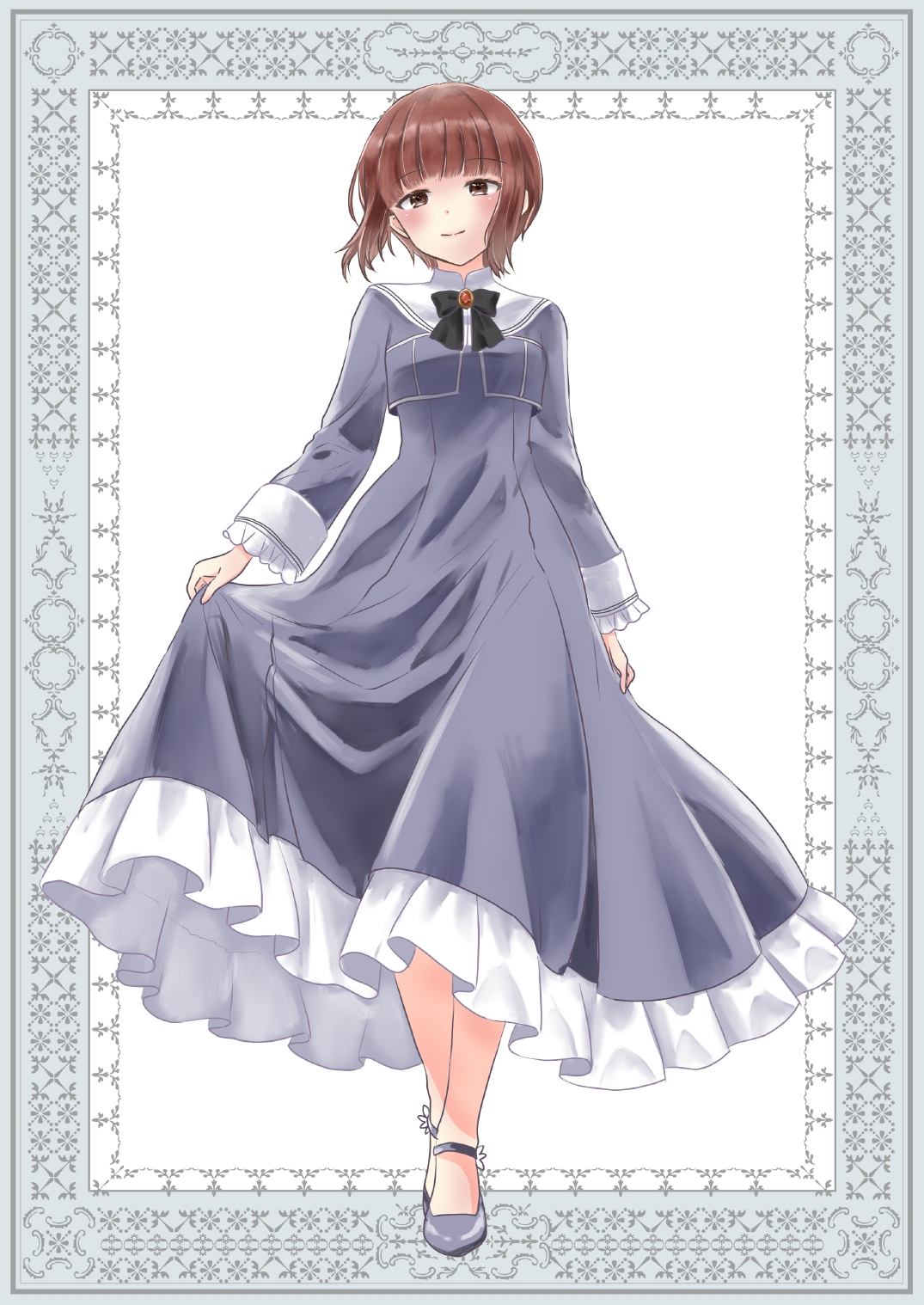 mikeneko 2828, z3 max schultz (kancolle), kantai collection, commentary request, highres, 1girl, adapted costume, brown eyes, brown hair, dress, full body, long dress, long sleeves, looking at viewer, sailor dress, short hair, smile, solo