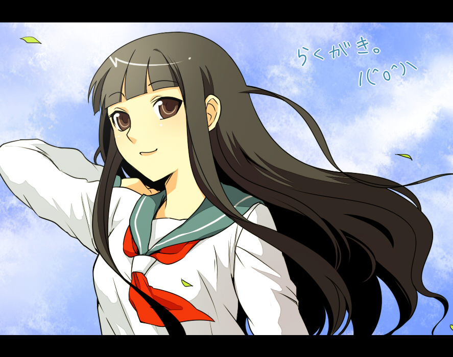 milcho, itoshiki rin, sayonara zetsubou sensei, 00s, 1girl, black hair, cloud, day, female focus, hime cut, letterboxed, long hair, school uniform, serafuku, sky, solo
