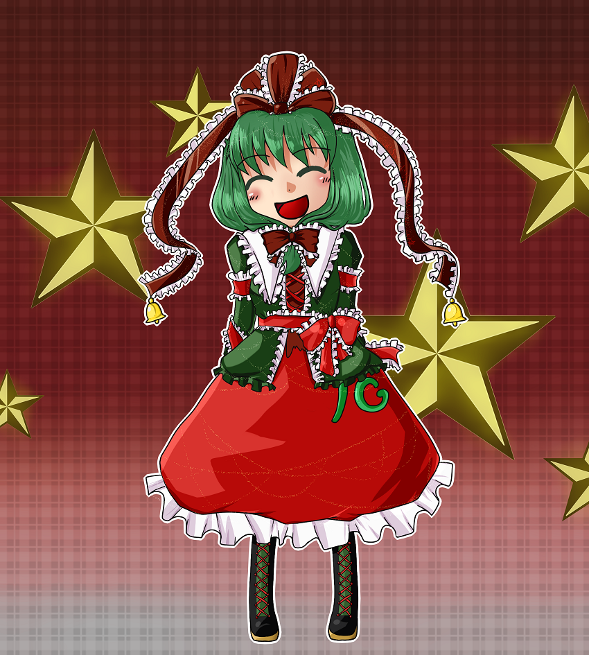 kagiyama hina, touhou, bad id, bad pixiv id, 1girl, bell, boots, christmas, dress, female focus, frills, full body, gradient background, green hair, hair ribbon, lace-up boots, ribbon, smile, solo, star (symbol)