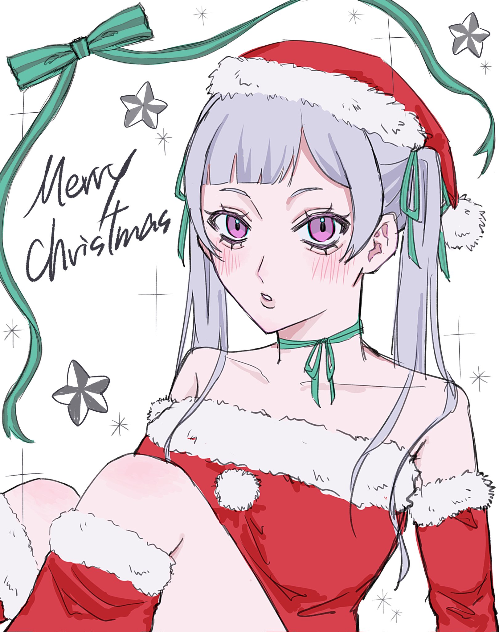 noelle silva, black clover, commentary, highres, symbol-only commentary, 1girl, alternate costume, bare shoulders, blush, dress, elbow gloves, fur-trimmed dress, fur-trimmed gloves, fur-trimmed headwear, fur-trimmed leg warmers, fur trim, gloves, green ribbon, grey hair, hair ribbon, hat, knees up, leg warmers, long hair, looking at viewer, merry christmas, neck ribbon, parted lips, purple eyes, red dress, red leg warmers, ribbon, santa costume, santa dress, santa hat, short dress, sitting, solo, star (sky), star (symbol), strapless, strapless dress, twintails, upper body, ya mada 22