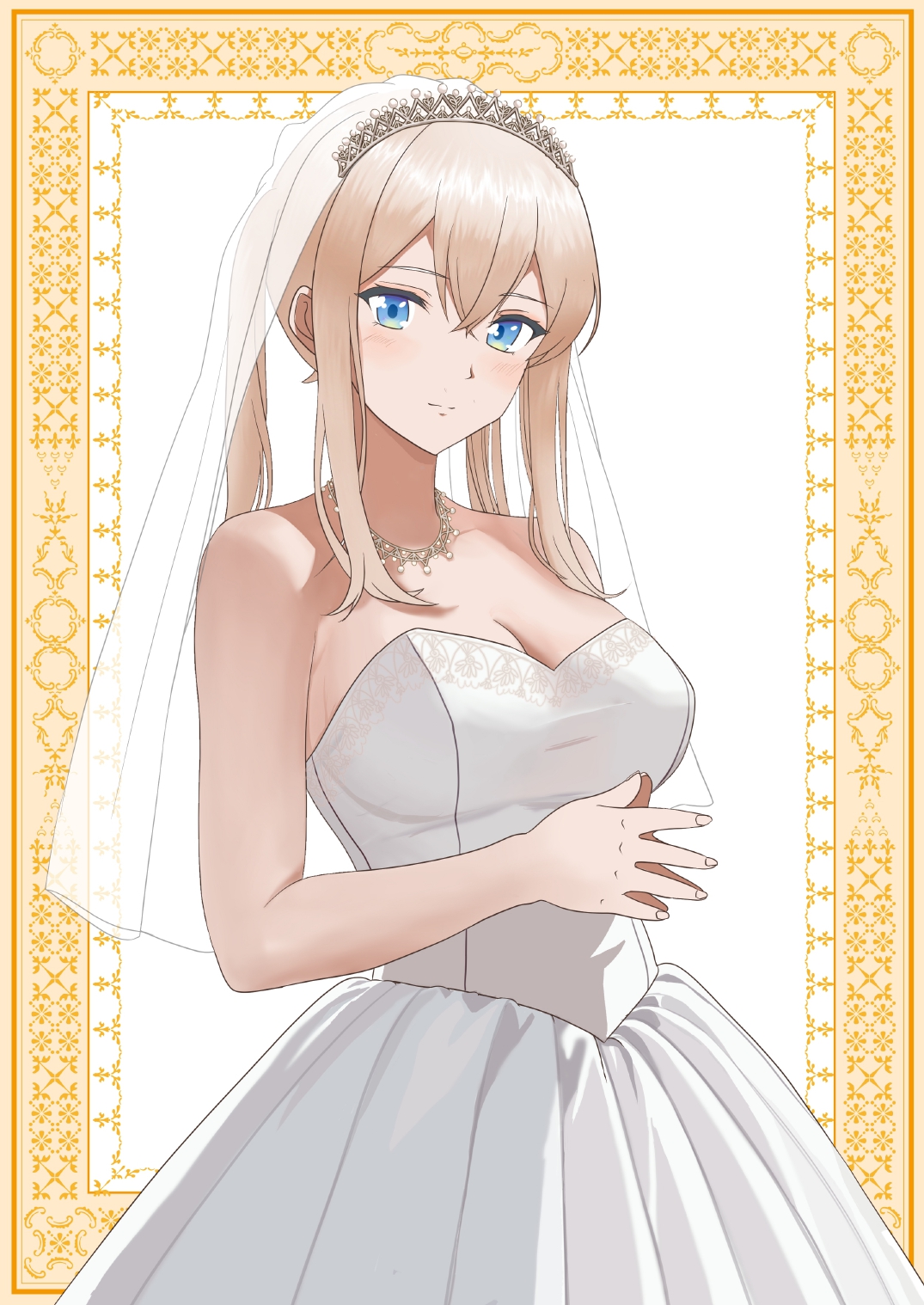 bonta (0607), graf zeppelin (kancolle), kantai collection, commentary request, highres, 1girl, alternate costume, blonde hair, blue eyes, breasts, bridal veil, bride, cleavage, dress, hair between eyes, jewelry, large breasts, long hair, necklace, sidelocks, solo, strapless, strapless dress, twintails, veil, white dress