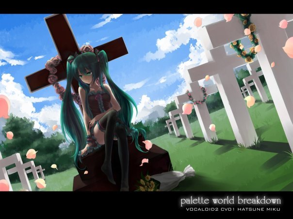 rella, hatsune miku, palette world breakdown (vocaloid), vocaloid, 1girl, aqua eyes, aqua hair, camisole, daisy (flower), female focus, flower, letterboxed, long hair, nature, outdoors, ribbon, sky, socks, solo, twintails, very long hair