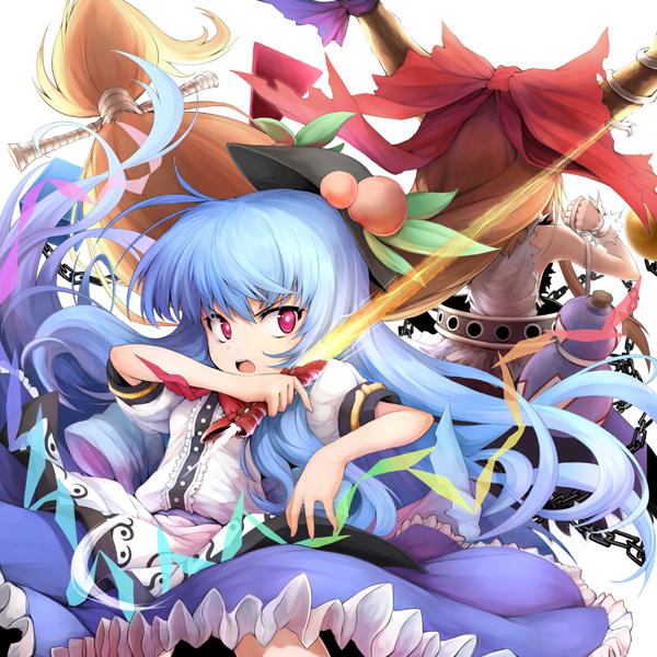 taka yanagi, takayanagi (artist), hinanawi tenshi, ibuki suika, touhou, bad id, bad pixiv id, 2girls, blue hair, bow, chain, female focus, gourd, hat, horns, long hair, multiple girls, sword, sword of hisou, weapon