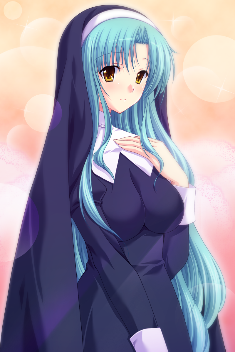 choco chip, kobayakawa miyuki (prima stella), prima stella, game cg, highres, 1girl, arm up, black dress, blue hair, breasts, cowboy shot, dress, long hair, looking at viewer, medium breasts, nun, nun headdress, smile, solo, yellow eyes