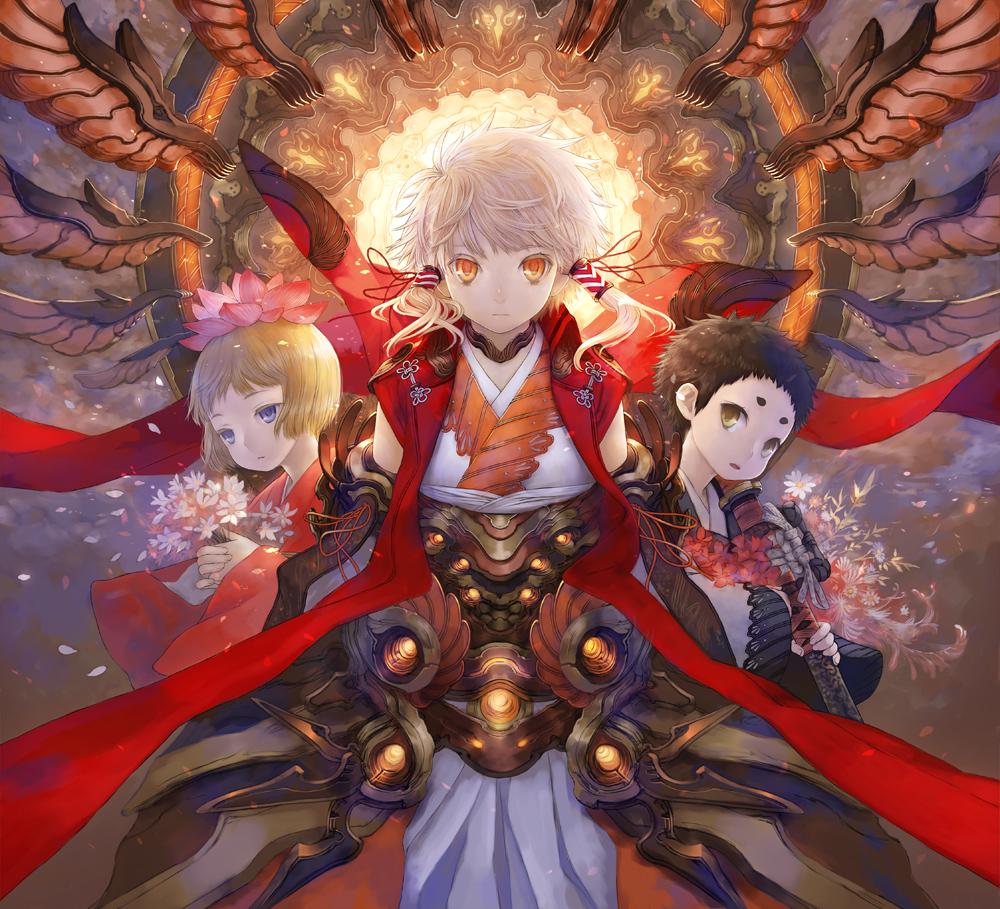 masakichi, original, 1boy, 2girls, armor, blonde hair, blue eyes, brown eyes, brown hair, daisy (flower), flower, japanese clothes, multiple girls, white hair, yellow eyes