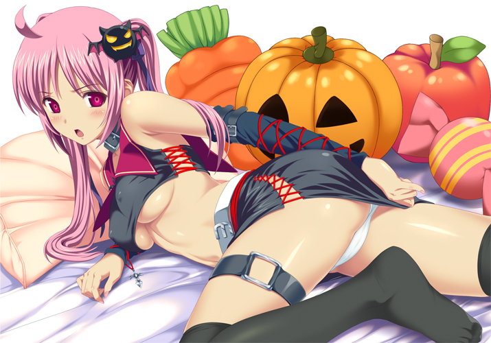 koutaro, original, 1girl, apple, bed, blush, breasts, candy, carrot, food, fruit, halloween, jack-o'-lantern, navel, panties, pantyshot, pink eyes, pink hair, pumpkin, solo, thighhighs, twintails, underboob, underwear, upskirt, vegetable, white panties