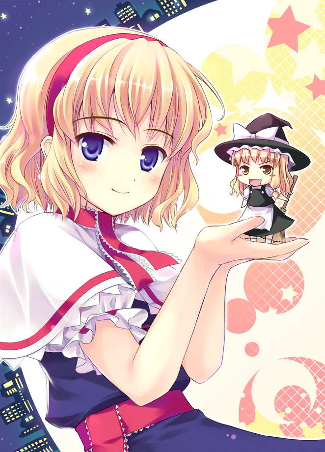 hinooka shuuji, alice margatroid, kirisame marisa, touhou, >:d, 2girls, :d, blonde hair, blue eyes, broom, chibi, fang, female focus, hairband, hat, headband, in palm, mini person, minigirl, multiple girls, night, open mouth, short hair, smile, star (symbol), v-shaped eyebrows, witch, witch hat, yellow eyes