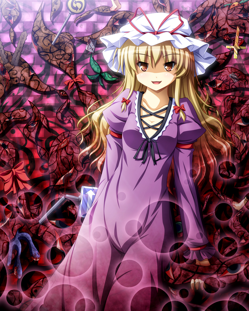 akashio (loli ace), yakumo yukari, touhou, 1girl, blonde hair, breasts, dress, female focus, gap (touhou), hair ribbon, hat, hat ribbon, long hair, orange eyes, ribbon, road sign, sign, solo