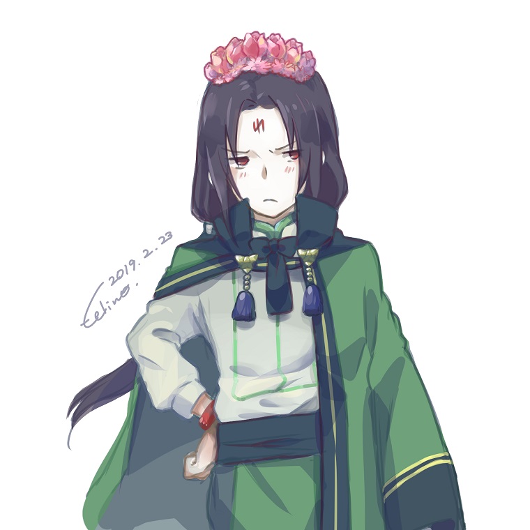 felino-konoha, soren (fire emblem), soren (valentine) (fire emblem), fire emblem, fire emblem: path of radiance, fire emblem heroes, nintendo, commentary request, 1boy, arm out of sleeve, artist name, black hair, closed mouth, dated, long hair, male focus, official alternate costume, red eyes, simple background, solo