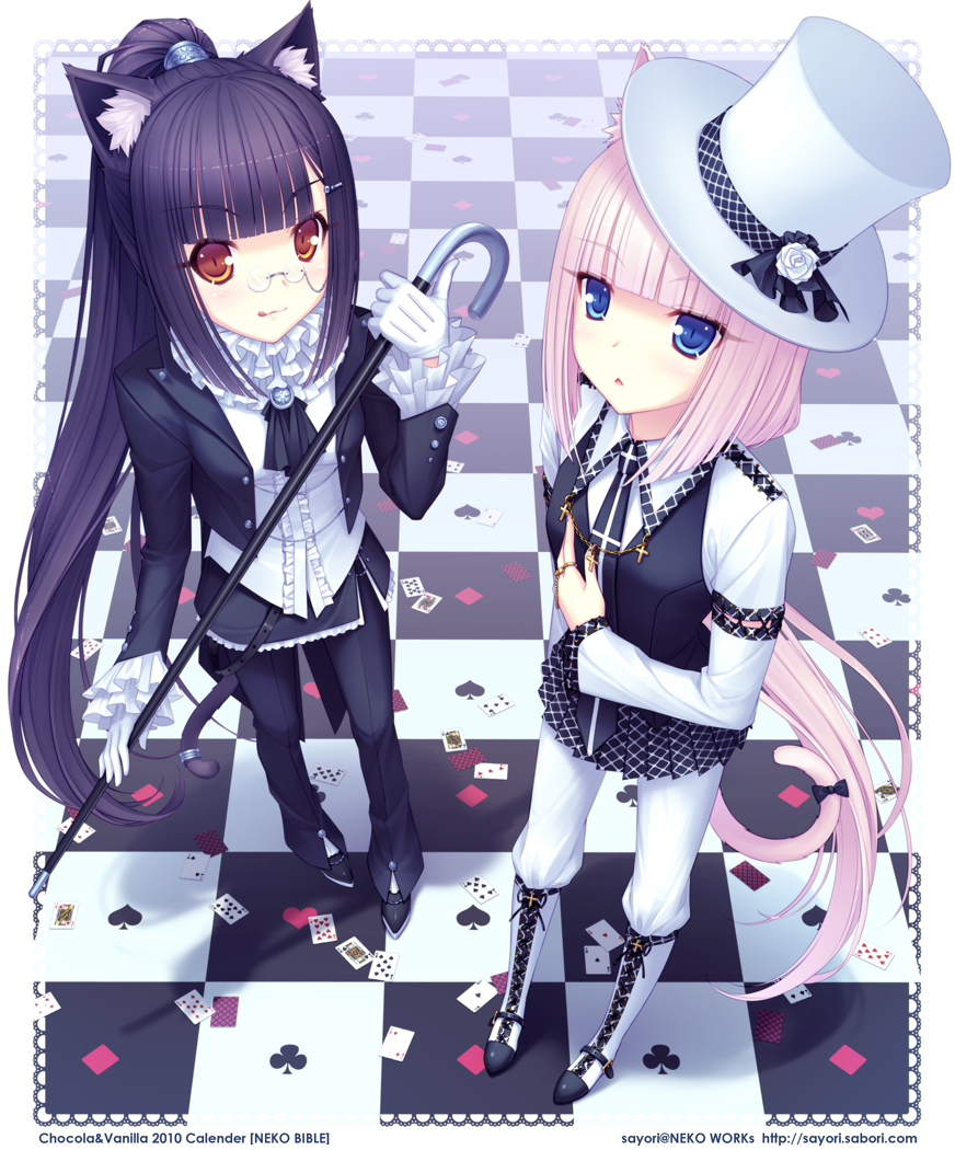sayori (neko works), chocola (nekopara), vanilla (nekopara), nekopara, original, bad id, bad pixiv id, 10s, 2girls, :<, alternate hairstyle, animal ear fluff, animal ears, black hair, blonde hair, blue eyes, blunt bangs, border, card, cat ears, cat girl, cat tail, checkered floor, eyewear strap, floor, flower, formal clothes, glasses, hat, hat flower, lace, lace border, long hair, low ponytail, multiple girls, nail polish, neko bible, orange eyes, ornate border, perspective, playing card, ponytail, short hair, siblings, sisters, slit pupils, tail, tailcoat, top hat, twins