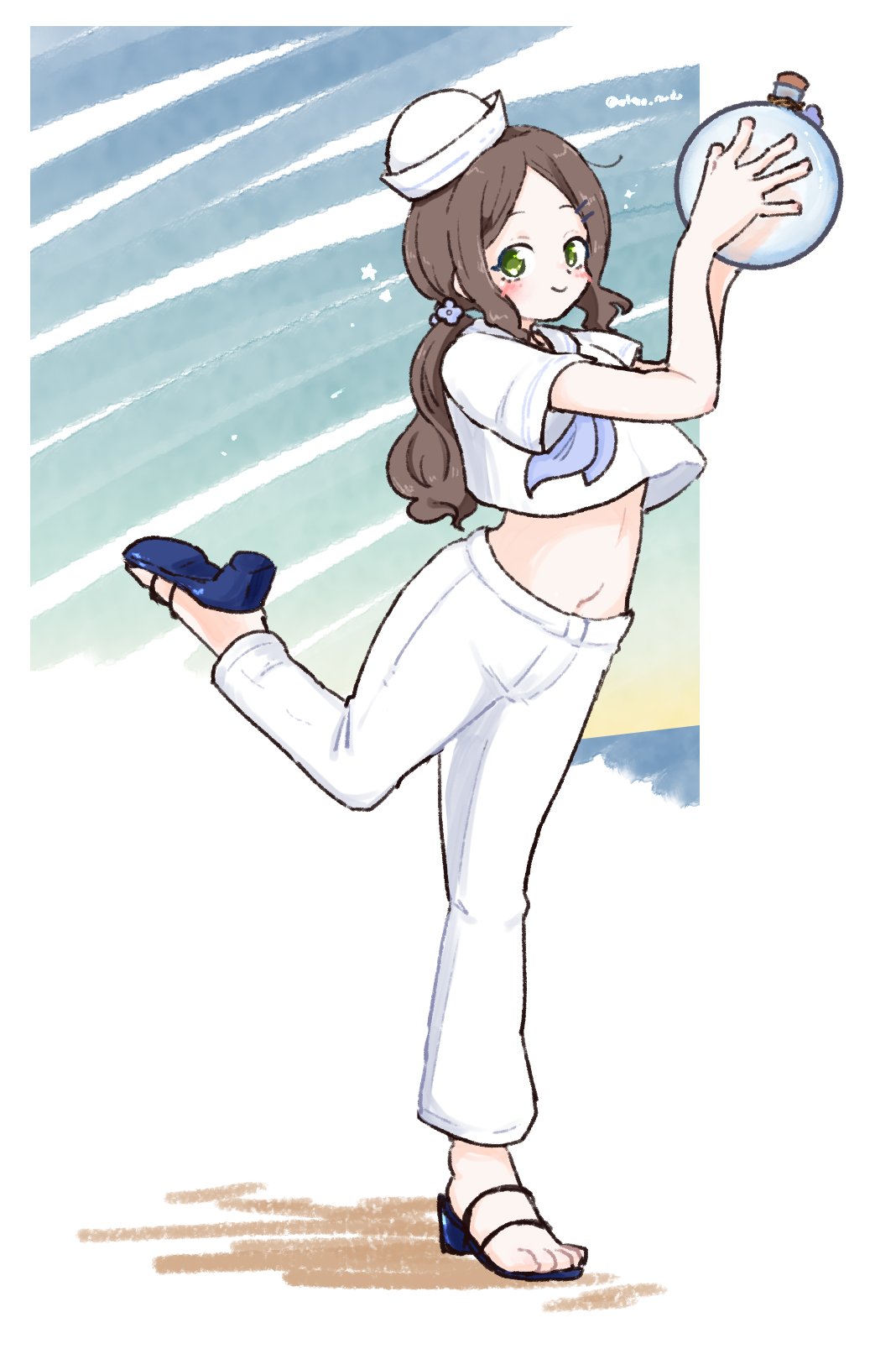 olto rondo, original, clip studio paint (medium), commentary request, highres, 1girl, arms up, blue sandals, blush, bottle, brown hair, closed mouth, cropped shirt, full body, glass bottle, green eyes, hat, high heel sandals, high heels, holding, holding bottle, long hair, looking at viewer, pants, parted bangs, sandals, shirt, short sleeves, smile, solo, standing, standing on one leg, stomach, white hat, white pants, white shirt