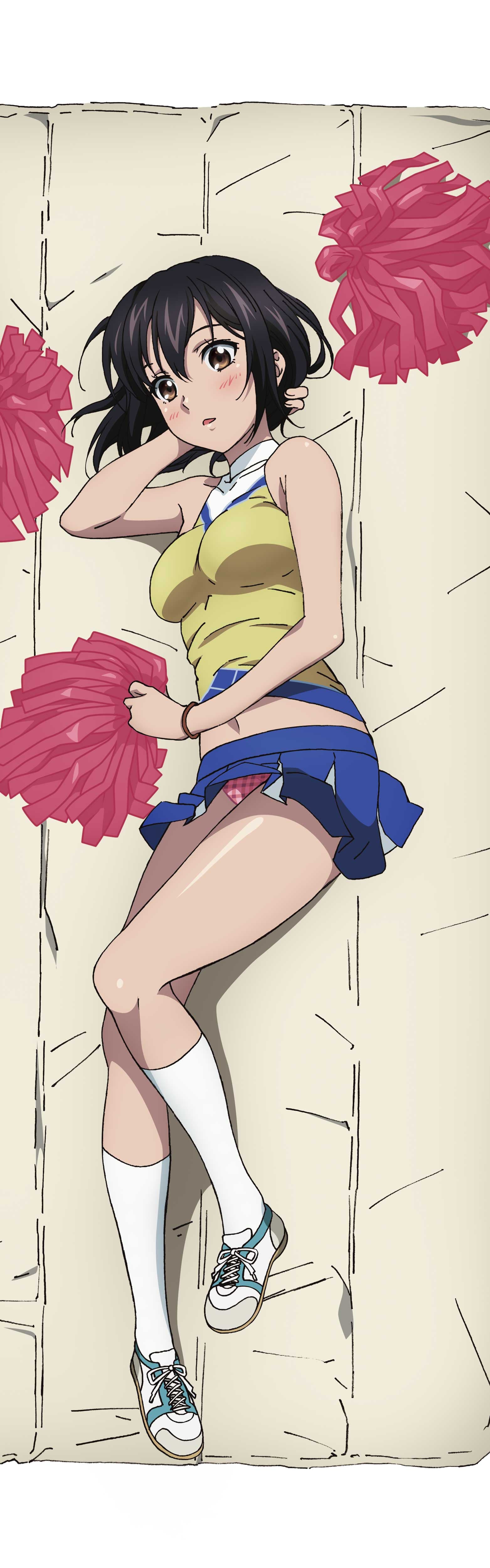 himeragi yukina, strike the blood, absurdres, highres, merchandise available, official art, 1girl, bare arms, bare shoulders, black hair, blue skirt, breasts, cheerleader, dakimakura (medium), full body, grey shoes, kneehighs, looking at viewer, lying, medium breasts, midriff, navel, on side, panties, pantyshot, parted lips, pink panties, pleated skirt, pom pom (cheerleading), shirt, shoes, short hair, skirt, sleeveless, sleeveless shirt, socks, solo, underwear, white socks, yellow shirt